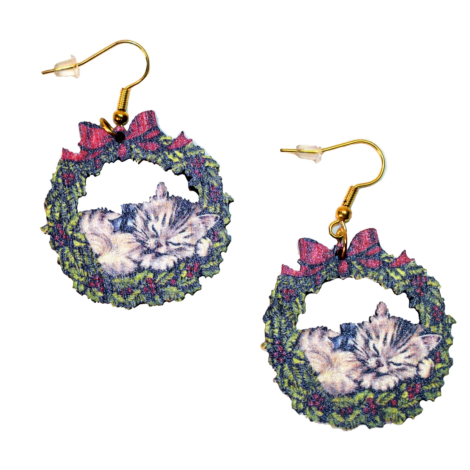 Vintage Cat in Wreath Earrings