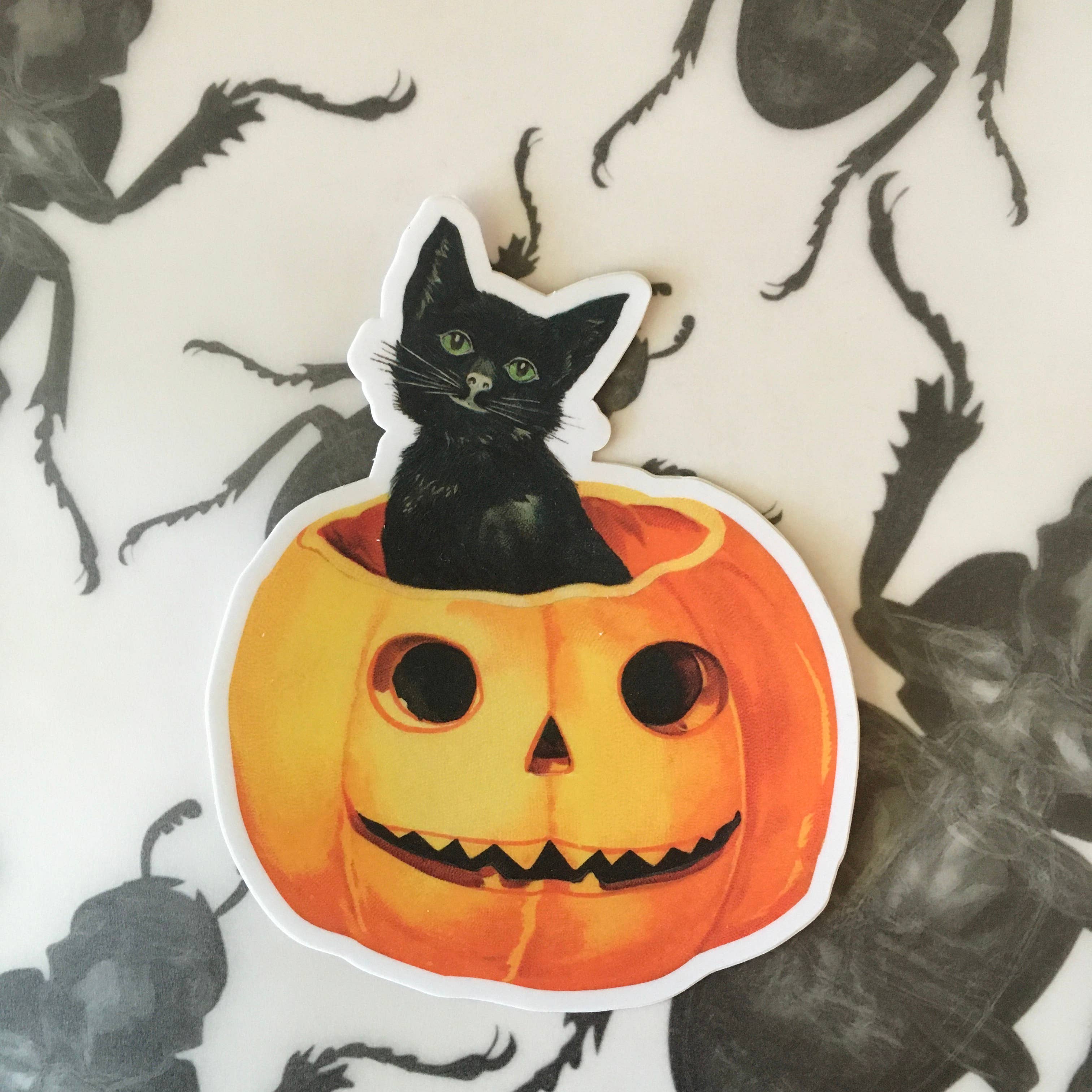 Pumpkin with Black Cat Sticker - Vintage Halloween