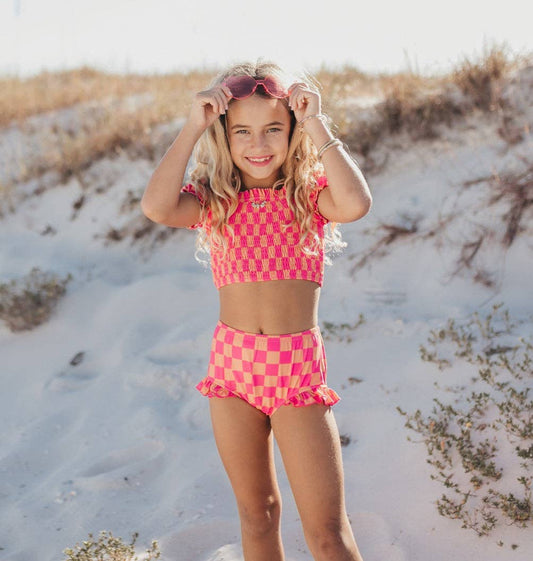 Girls Hot Pink & Tangerine Checker 2-Piece Swimsuit