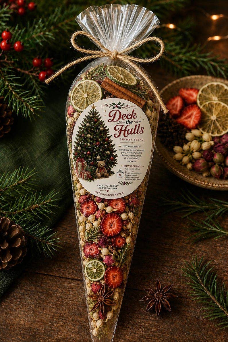 Deck the Halls Simmer Pot Kit, Vintage Christmas Simmer Blend, Strawberry Jasmine Holiday Potpourri, Stocking Stuffer, Hostess Gift - Foxy’s