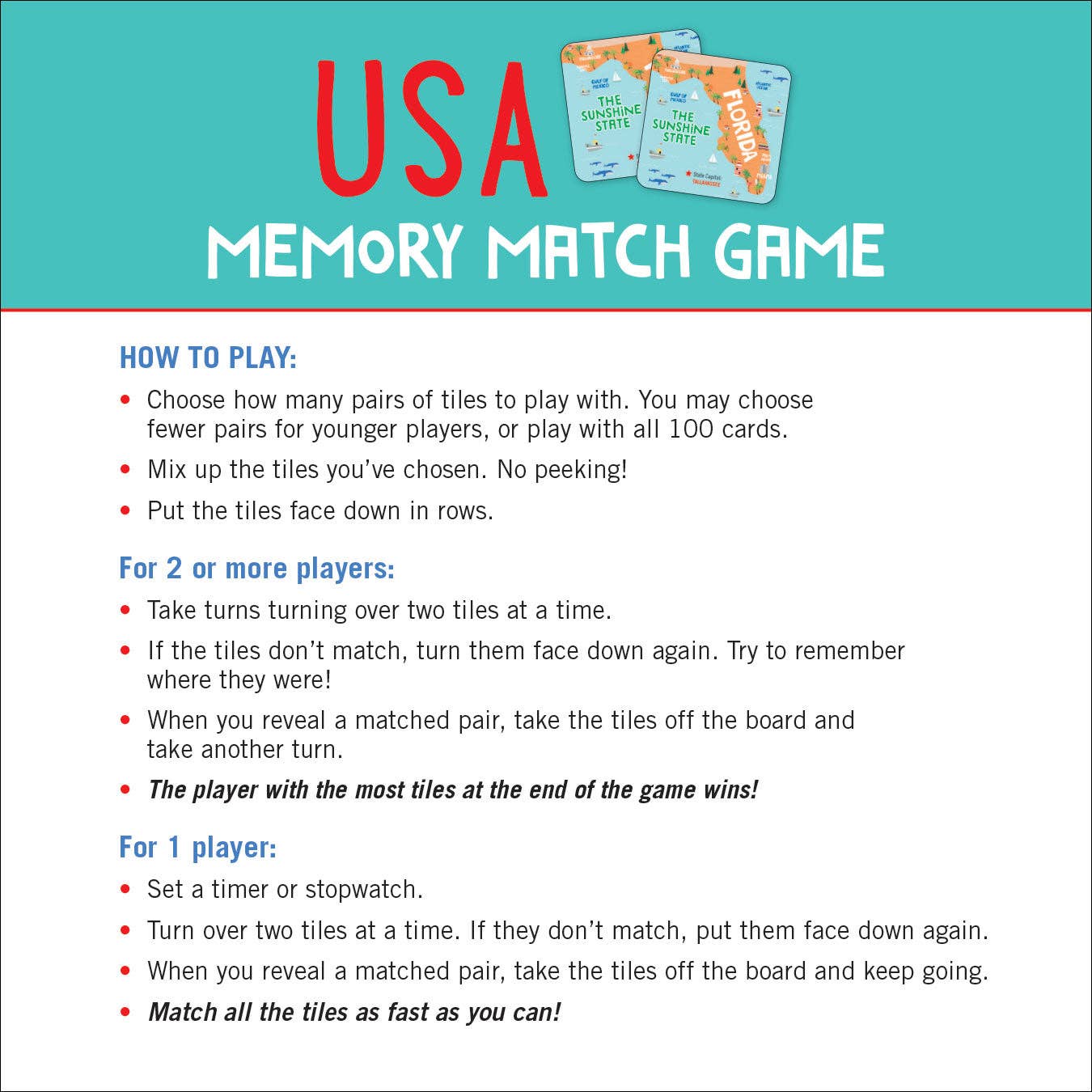 USA Memory Match Game (Set of 100 cards)