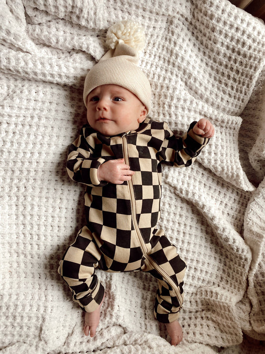 Tiramisu/Black Checkerboard / Organic Zip Romper