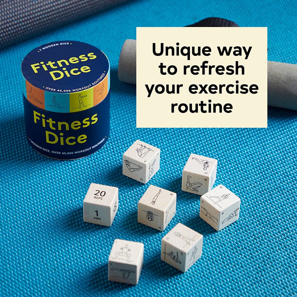 Fitness Dice container with dice on a blue exercise mat, text 'Unique way to refresh your exercise routine'.