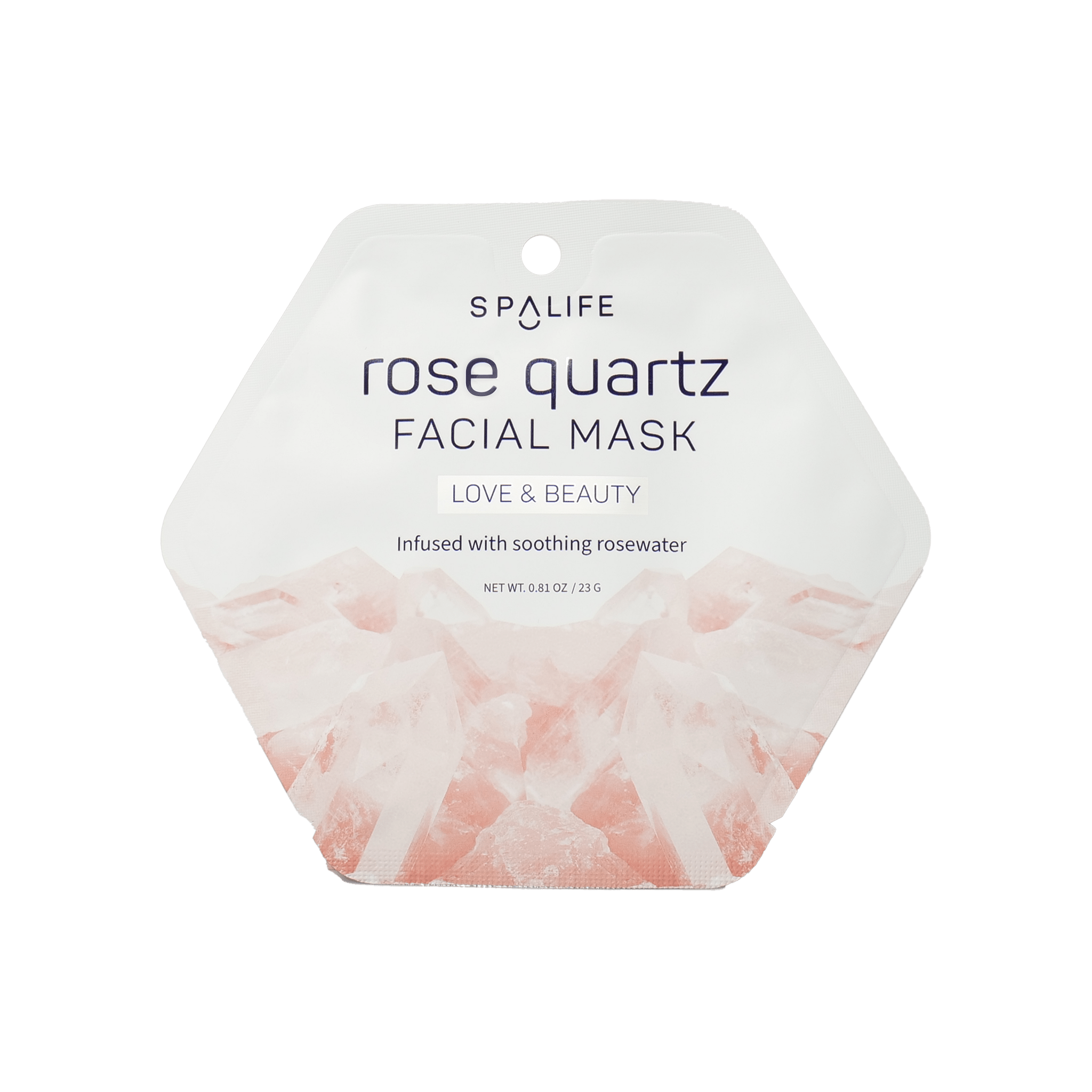 Spalife Rose Quartz Facial Mask, infused with rosewater. Single-use packet for love and beauty.