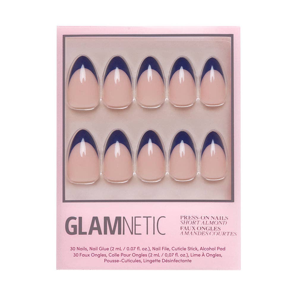 Glamnetic Short Almond press-on nails with a blue tip design, 30 nails included.