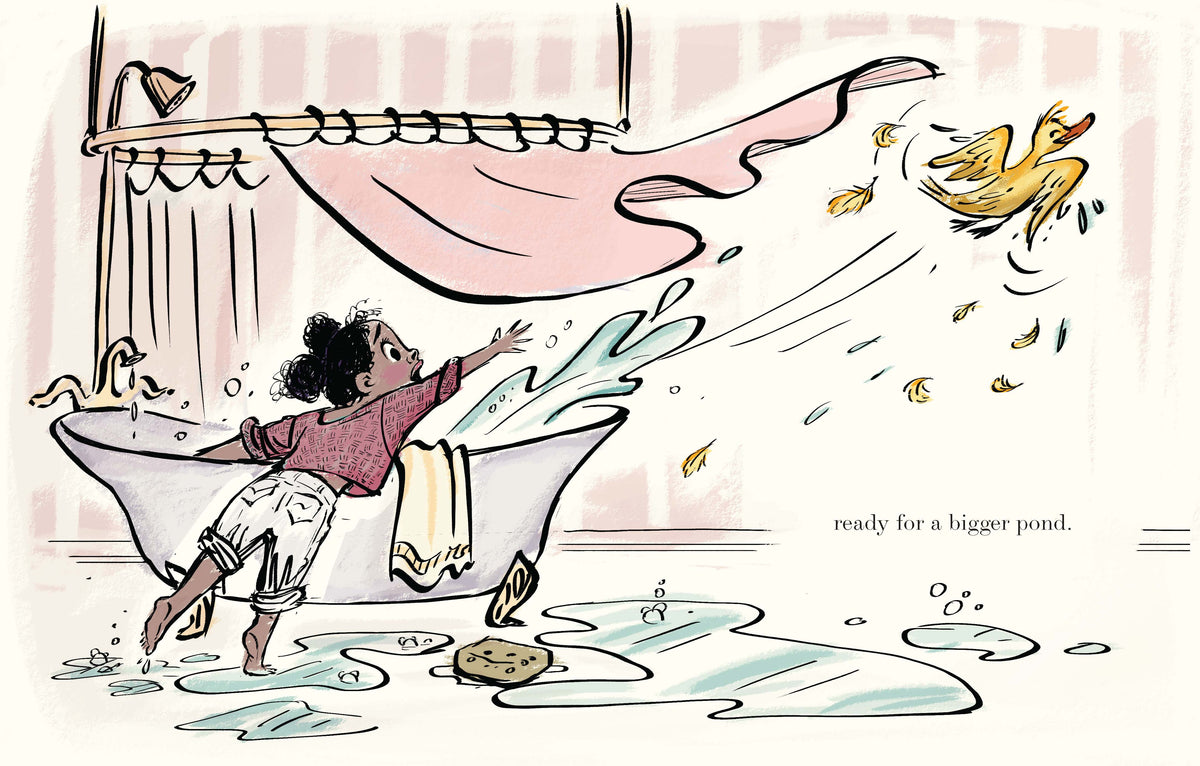 Illustration of a child playing in a bathtub with a duck, surrounded by water and bubbles.