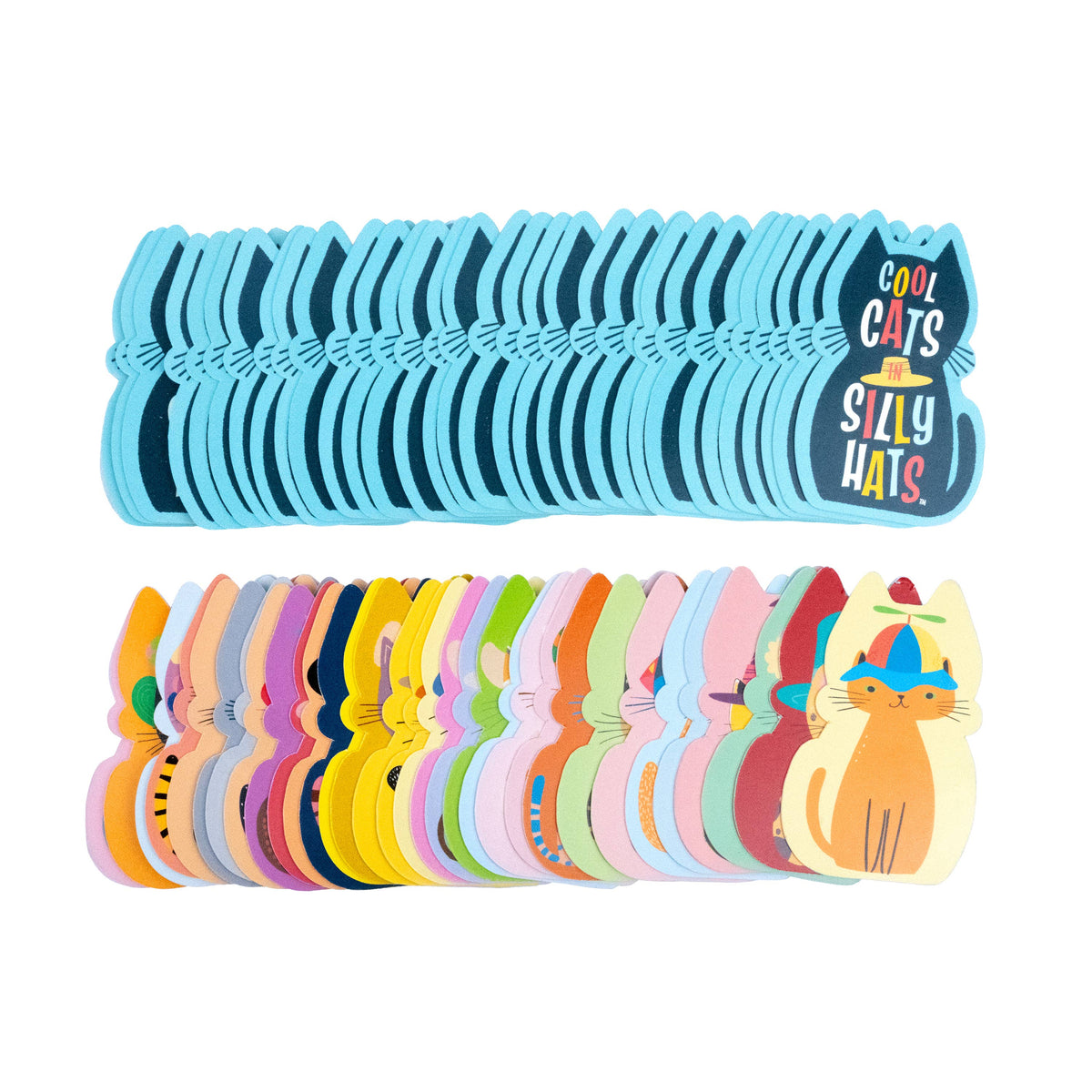 A set of cat-shaped stickers or tags arranged in two rows on a white background. The top row consists of light blue cat-shaped pieces with the text 'COOL CATS SILLY HATS' on one piece.
