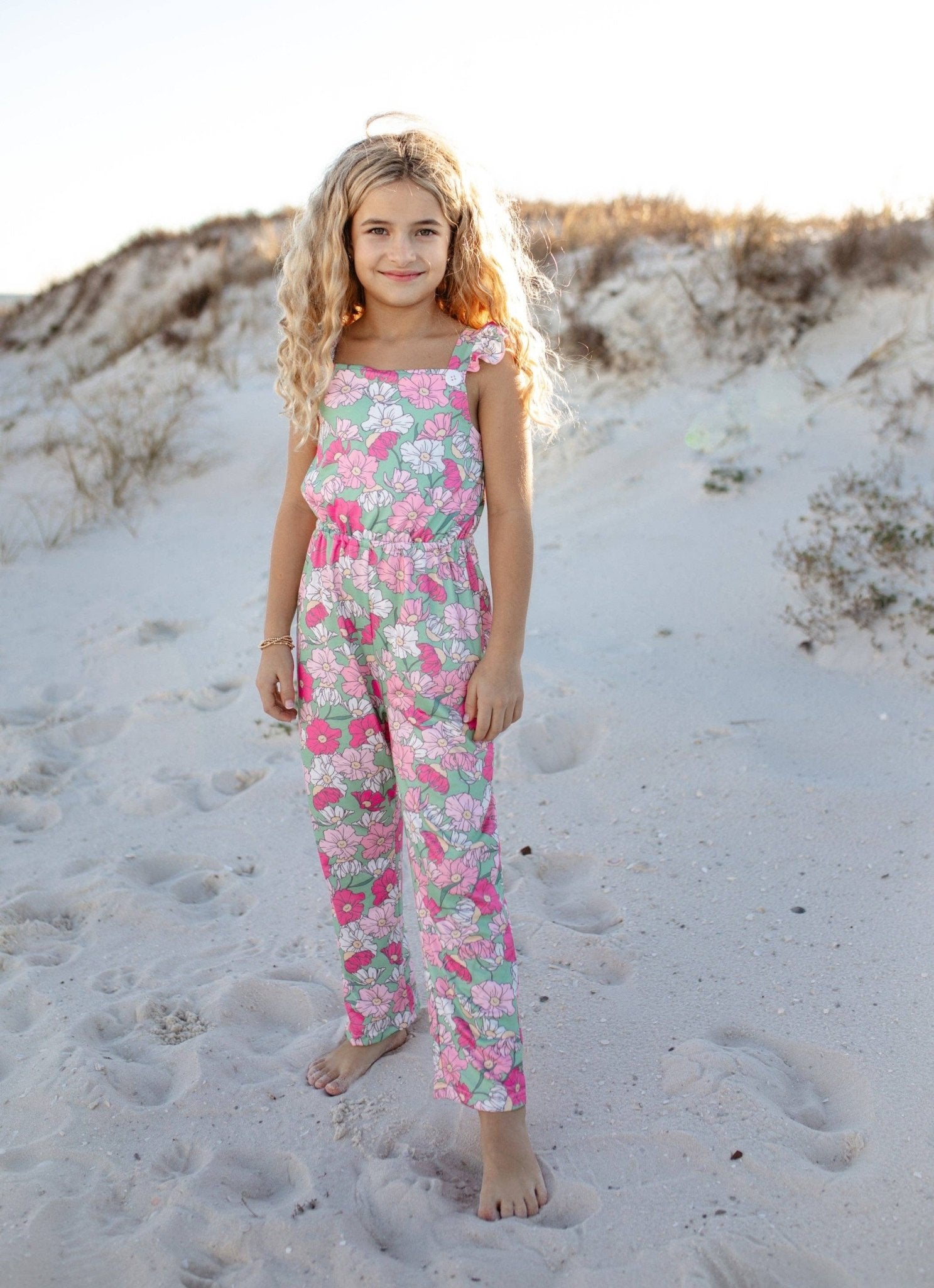 Kids Mint & Pink Flower Button Ruffle Summer Pocket Jumpsuit - Foxy’s