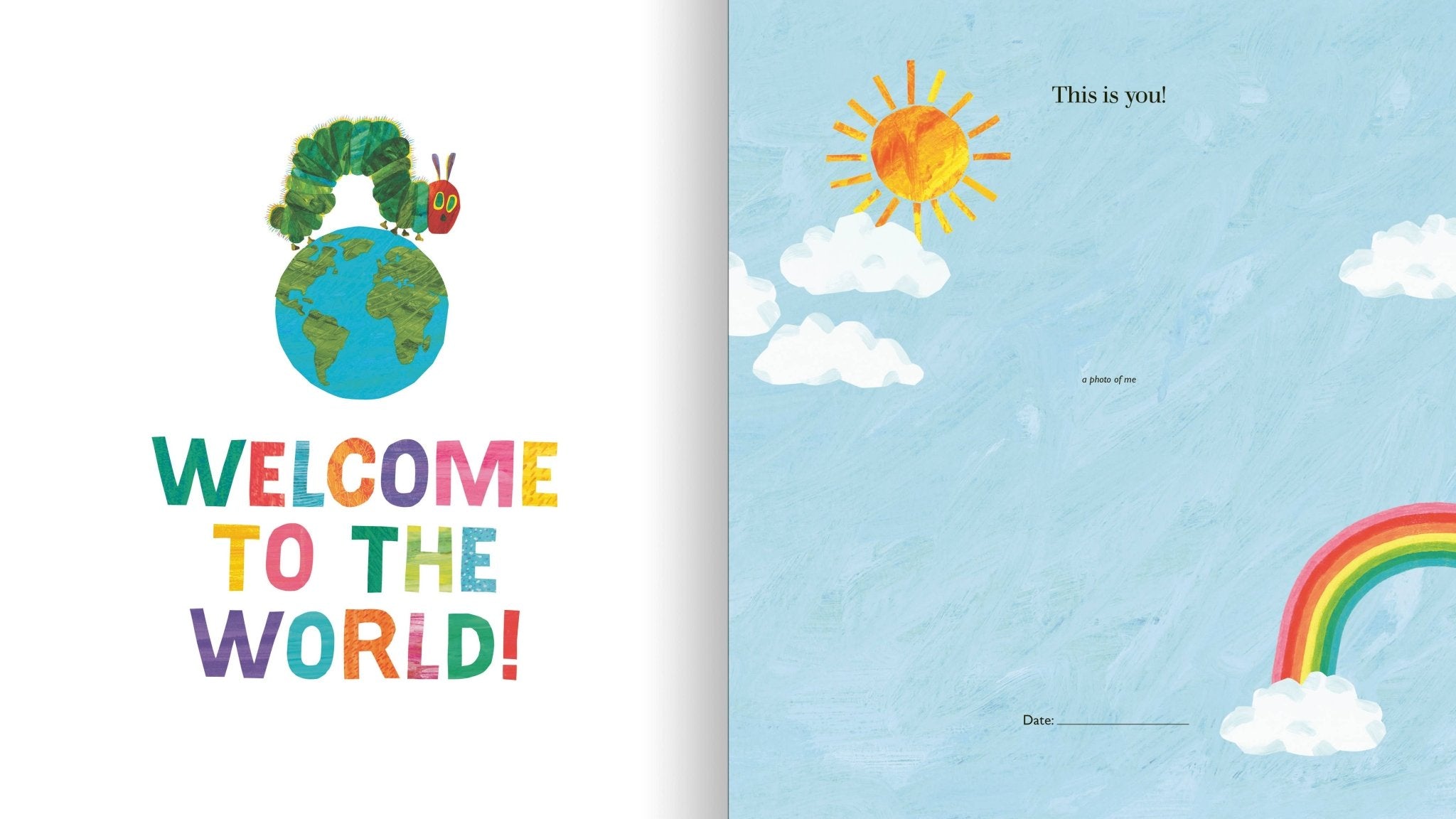 "The Very Hungry Caterpillar" baby book with an illustration of the caterpillar on top of the Earth.