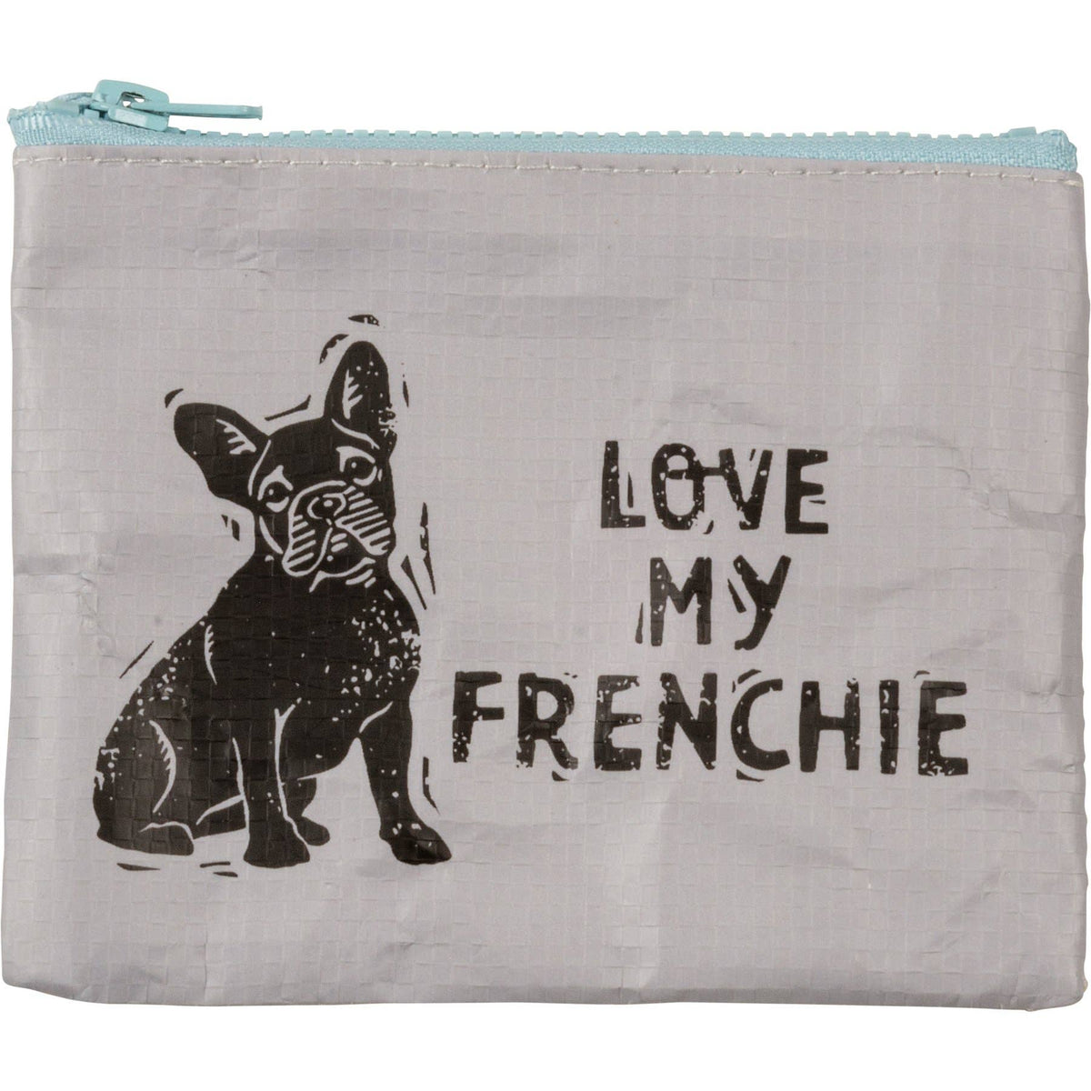 Gray pouch with a black dog illustration and 'Love my Frenchie' text on a white background