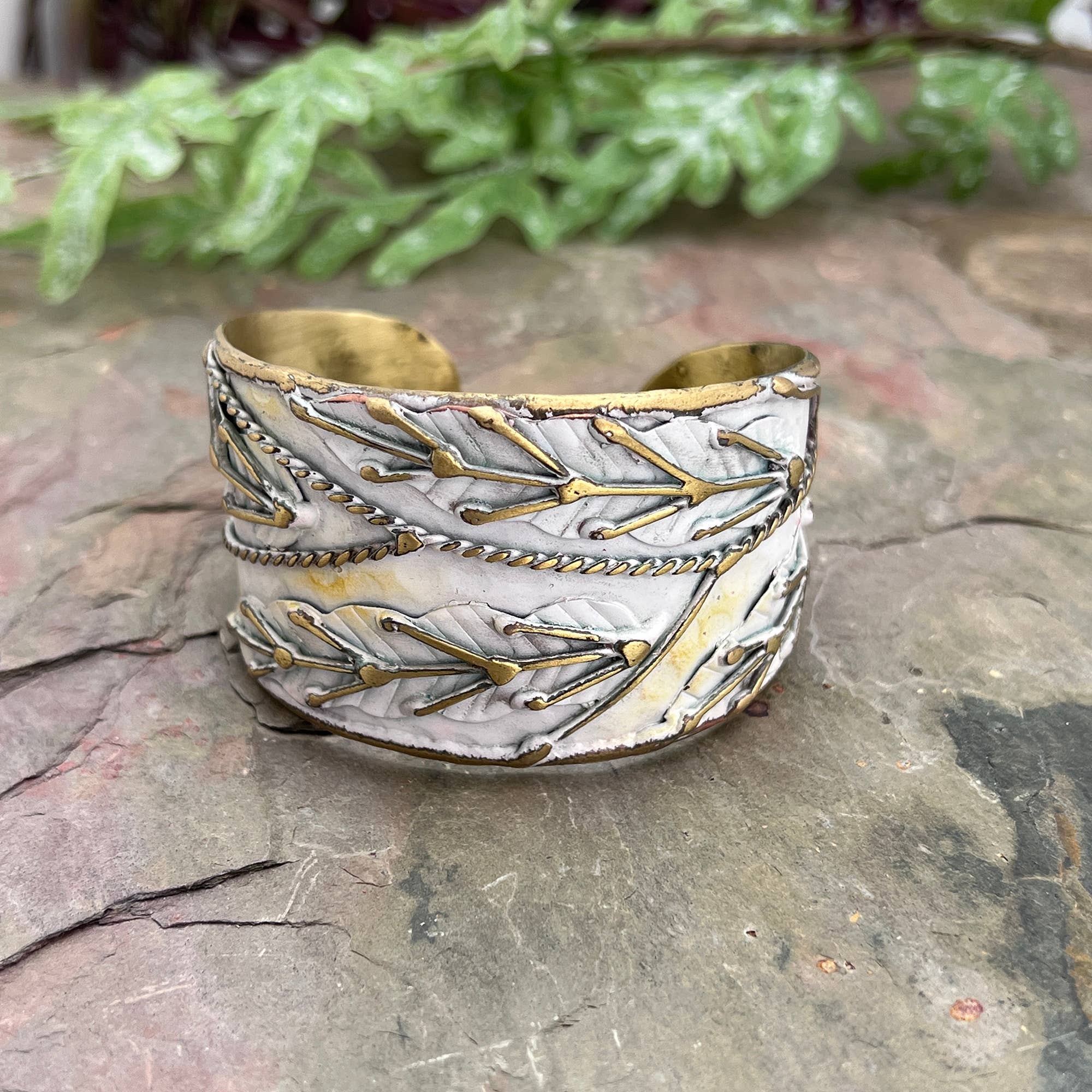 Brass Patina Cuff Bracelet - White Leaves - Foxy’s