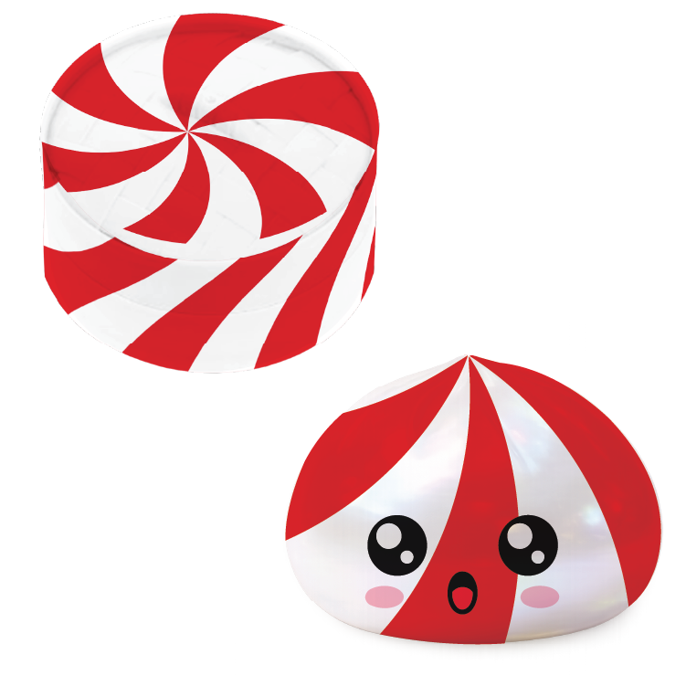 Two red and white candy-themed items on a plain white background: a round plate or tray with a peppermint swirl design and a rounded cushion or pillow with a cute face and red-and-white stripes.
