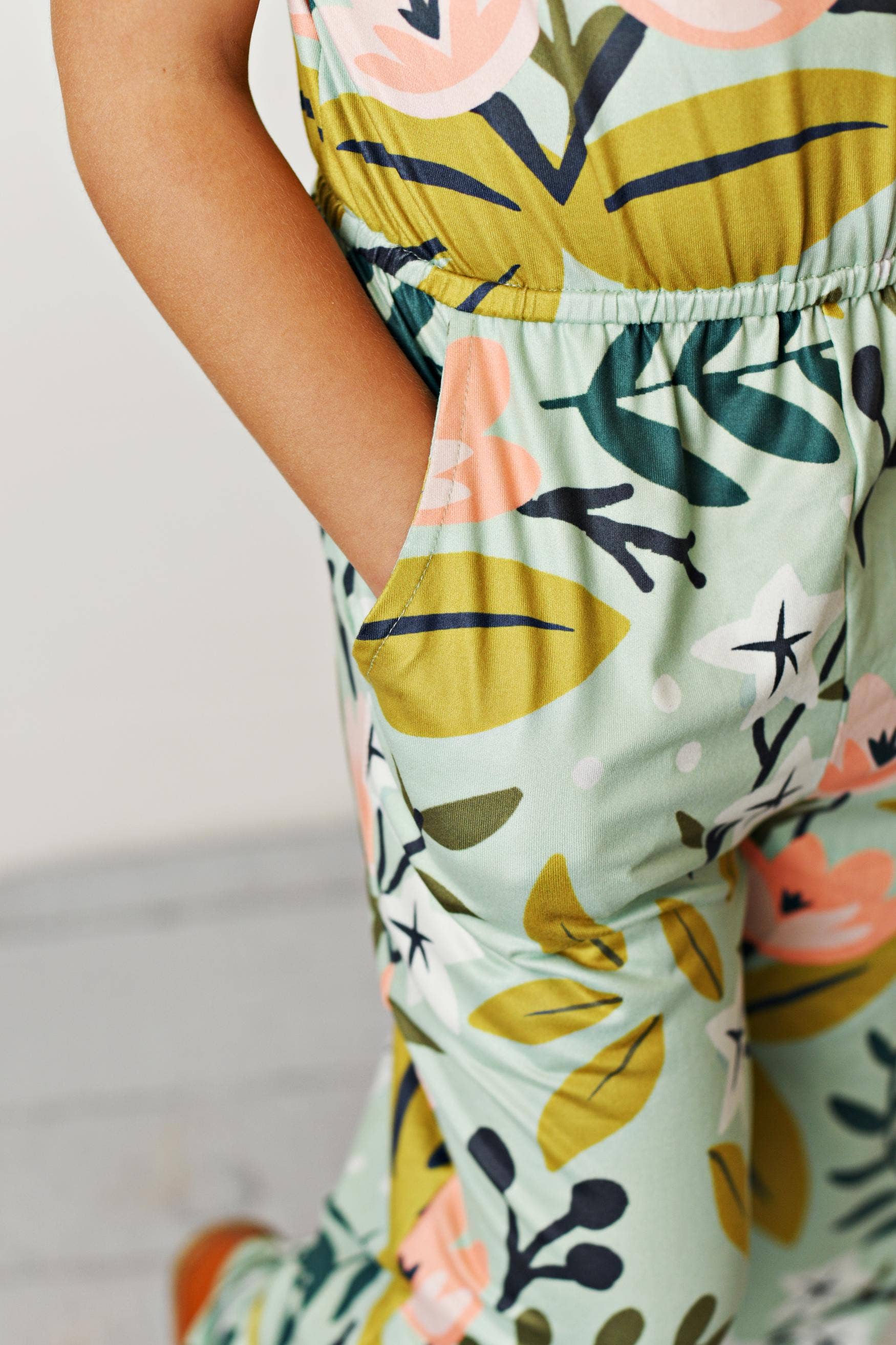 Kids Sage Pink Floral Spring Summer Jumpsuit With Pockets - Foxy’s