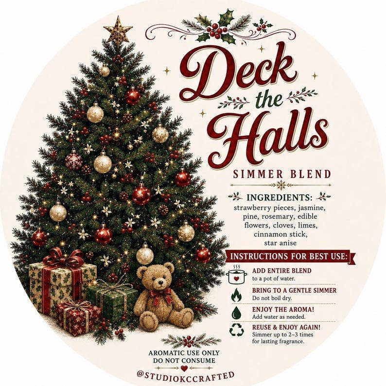 Deck the Halls Simmer Pot Kit, Vintage Christmas Simmer Blend, Strawberry Jasmine Holiday Potpourri, Stocking Stuffer, Hostess Gift - Foxy’s