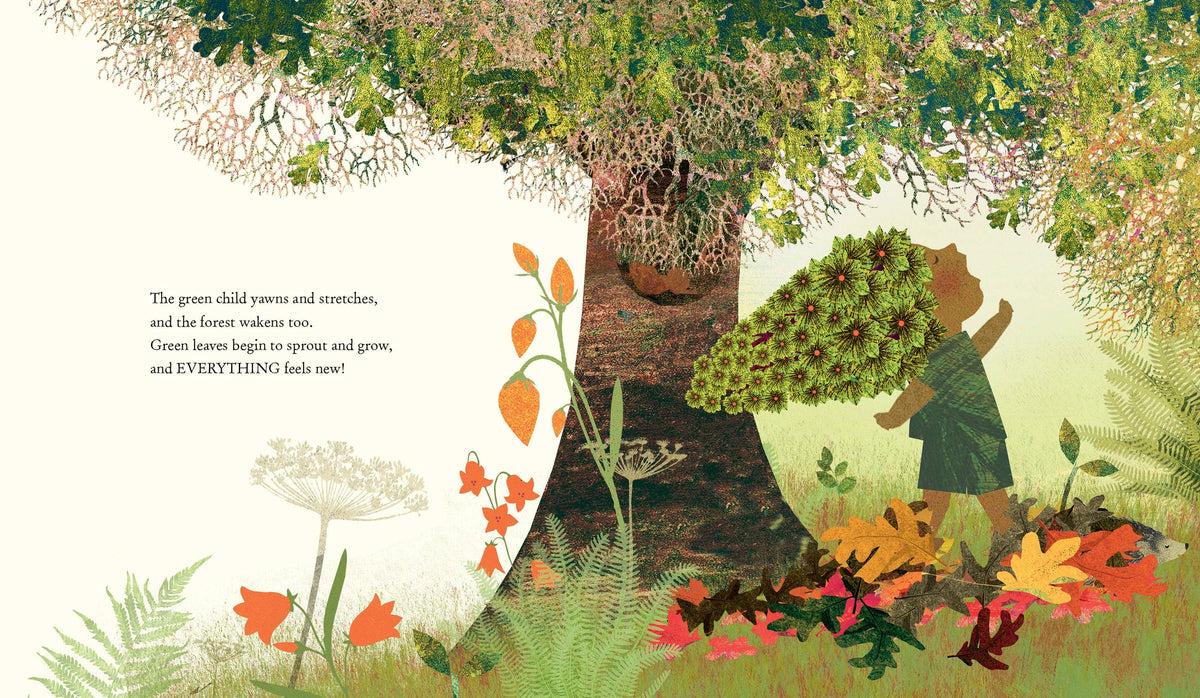 Illustrated children's book page showing a child holding a leafy green plant beside a large tree with autumn leaves on the ground, with text on the left on a cream background.