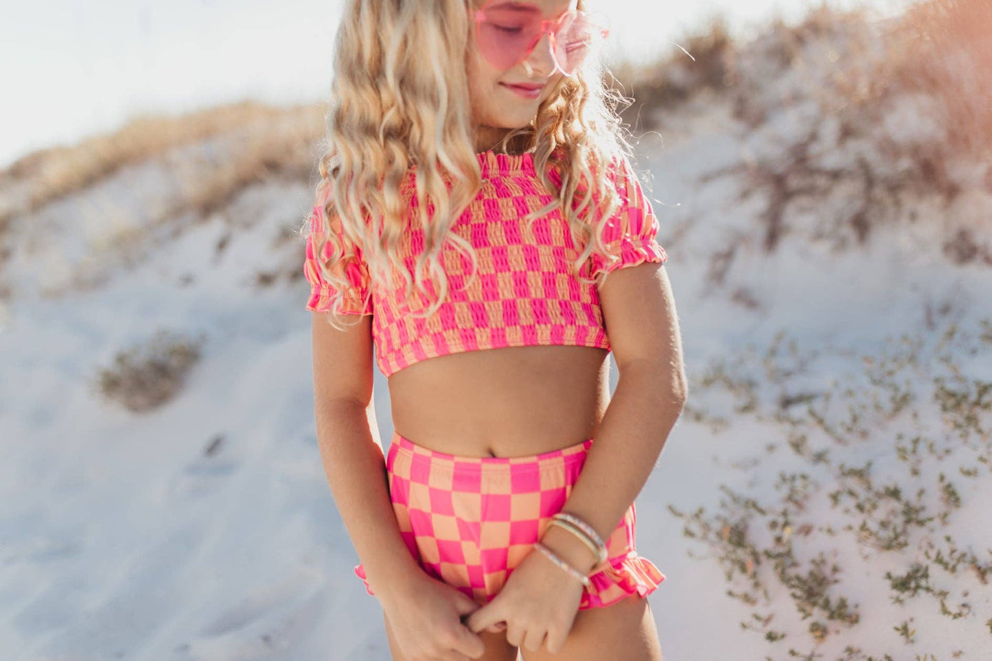 Girls Hot Pink & Tangerine Checker 2-Piece Swimsuit