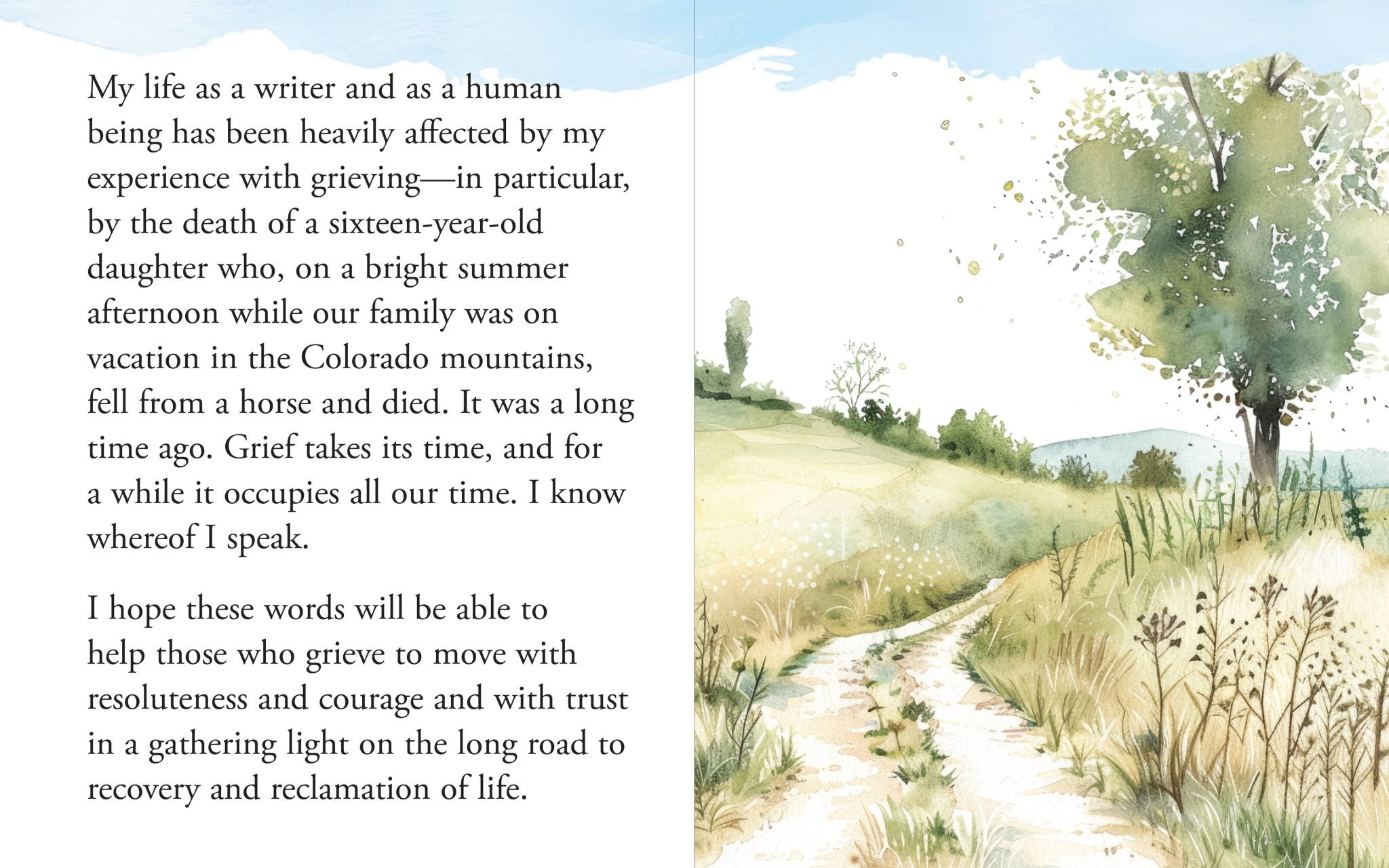 Text on the left with an illustration of a path leading to a tree on the right
