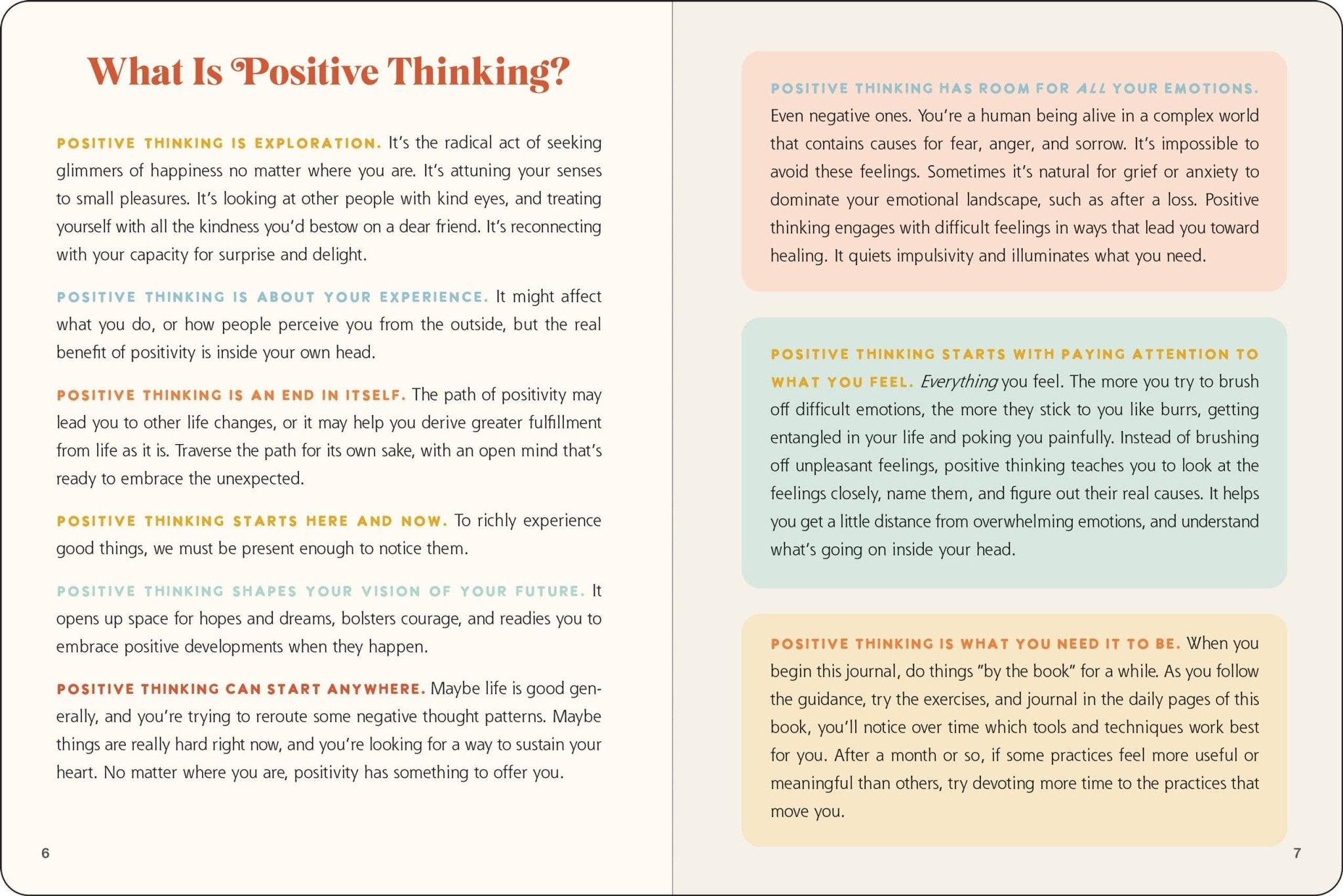 Book page explaining positive thinking with text and a colorful sidebar.