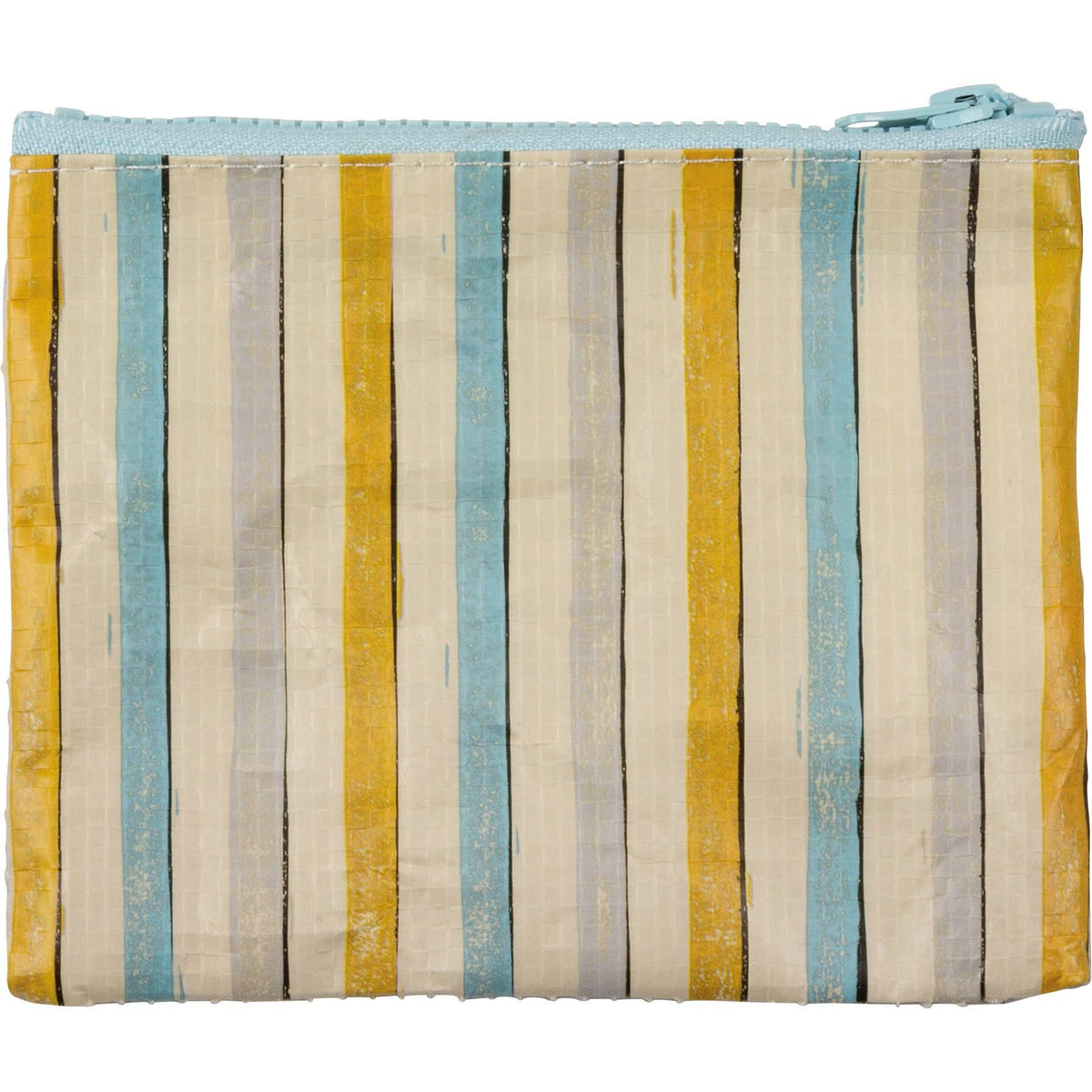 Striped pouch with blue and yellow pattern on a white background