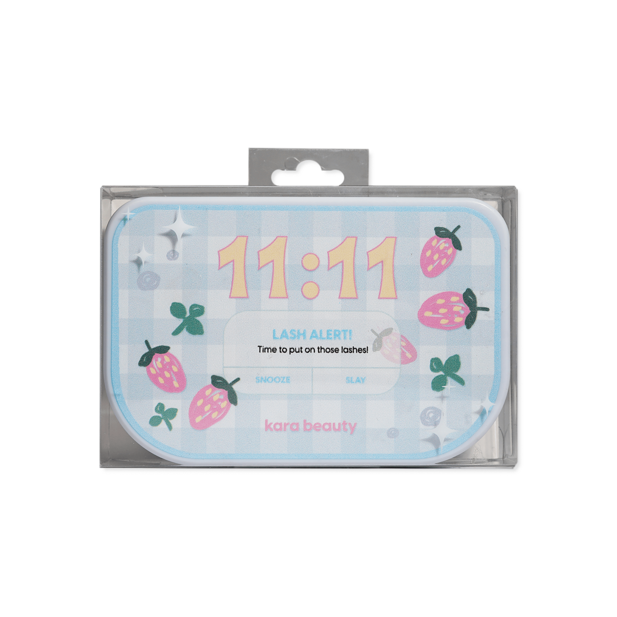 Kara Beauty Lash Mirror with a blue checkerboard pattern, strawberries and the time 11:11. 'Lash Alert!'