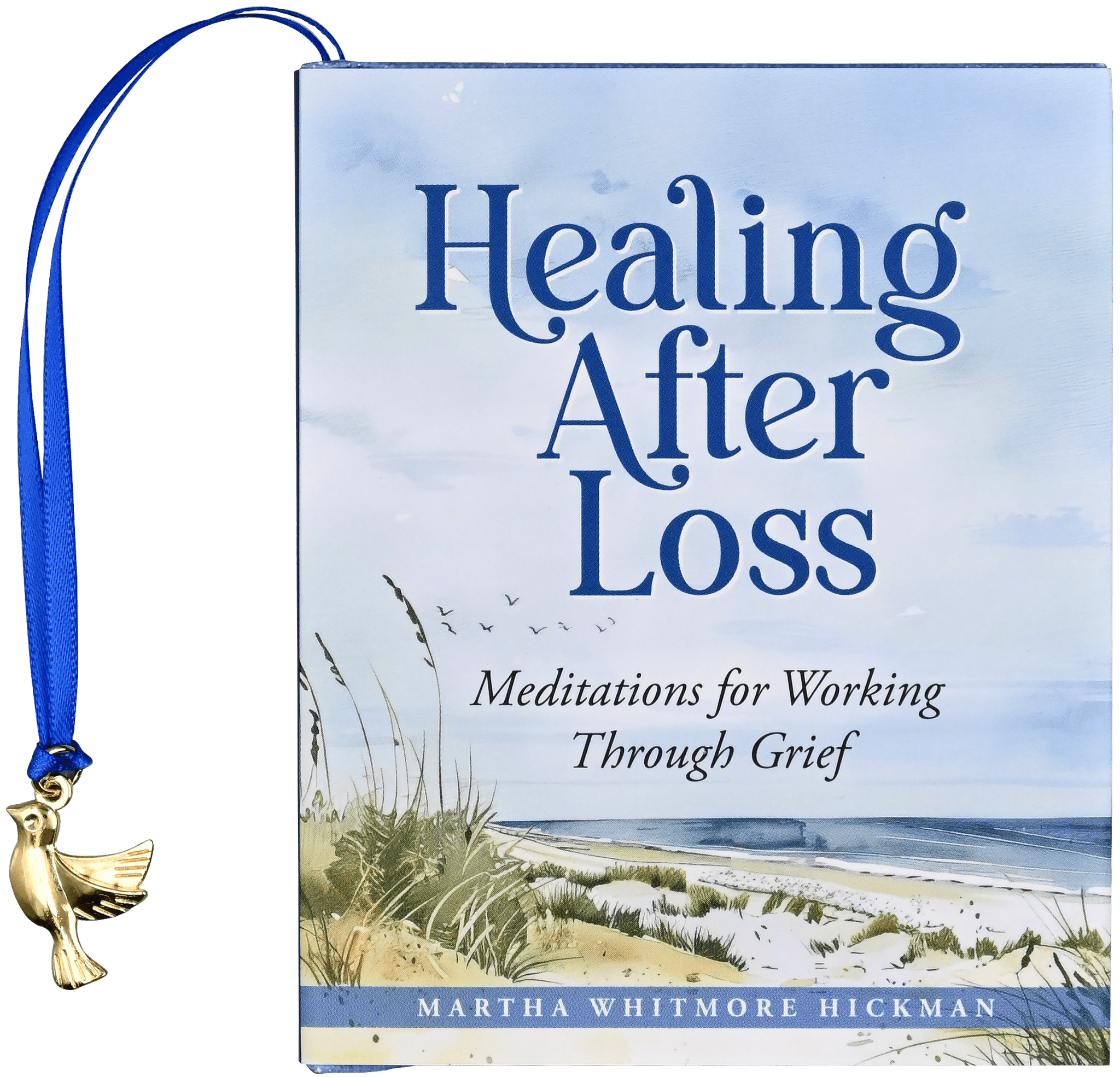 Book titled 'Healing After Loss' with a blue ribbon bookmark on a green background
