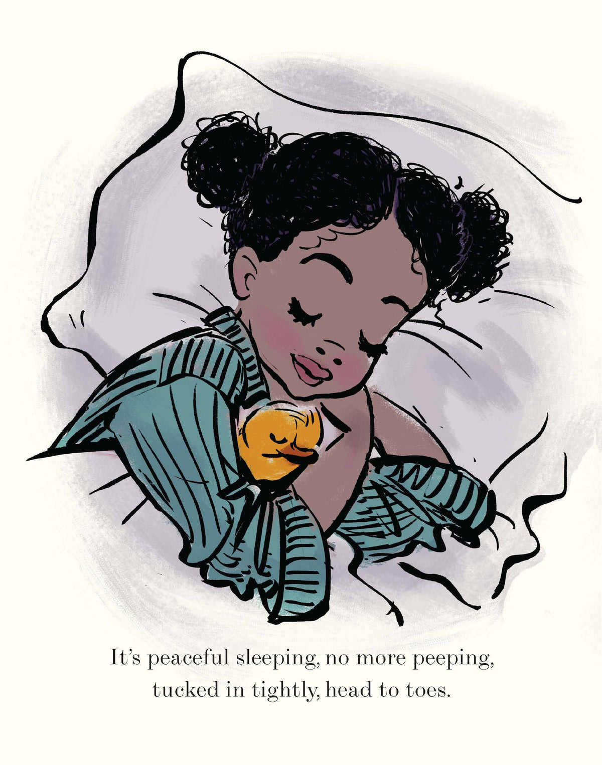 Illustration of a person sleeping with a small orange creature, surrounded by white pillows.