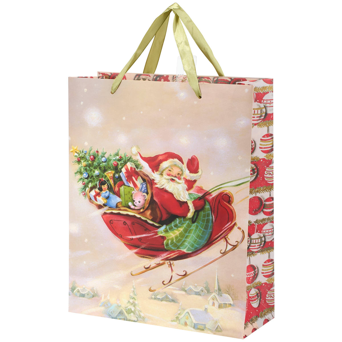 A Christmas-themed gift bag with a festive illustration of Santa Claus in a sleigh carrying a decorated tree and gifts. The bag has a light beige background with red and green holiday patterns on the side panel and handles.