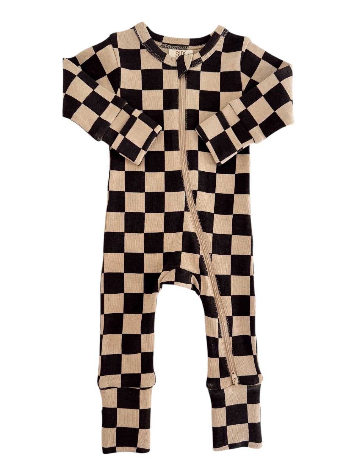 Tiramisu/Black Checkerboard / Organic Zip Romper