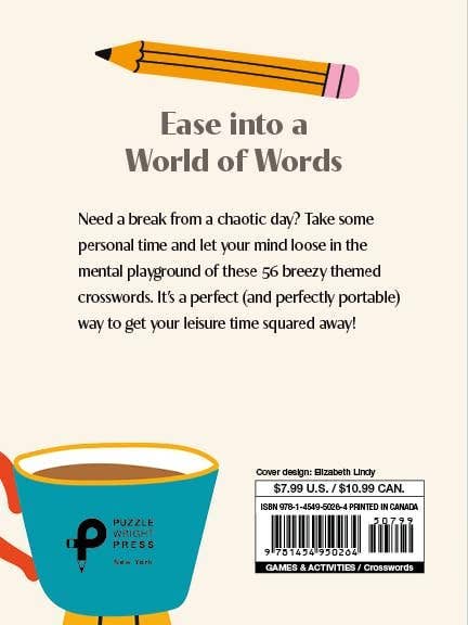Book back cover with a pencil, cup of coffee, and text about crosswords.