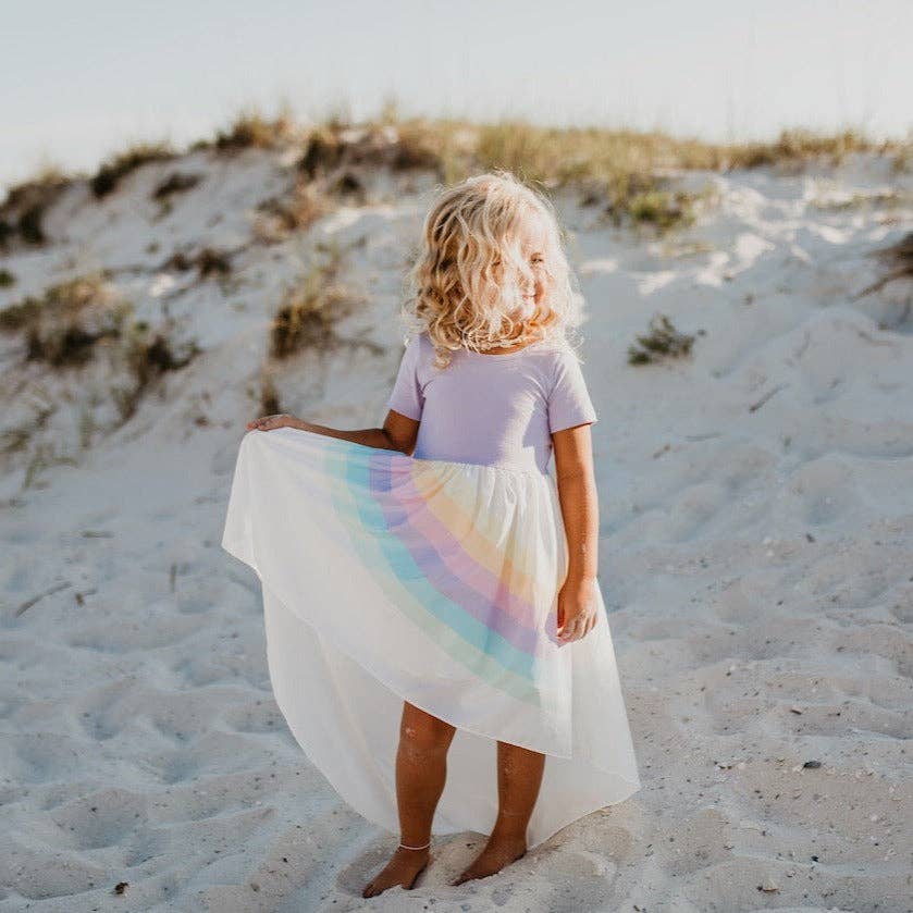 Girls Lavender Pastel Rainbow Dress (Size 7-8)