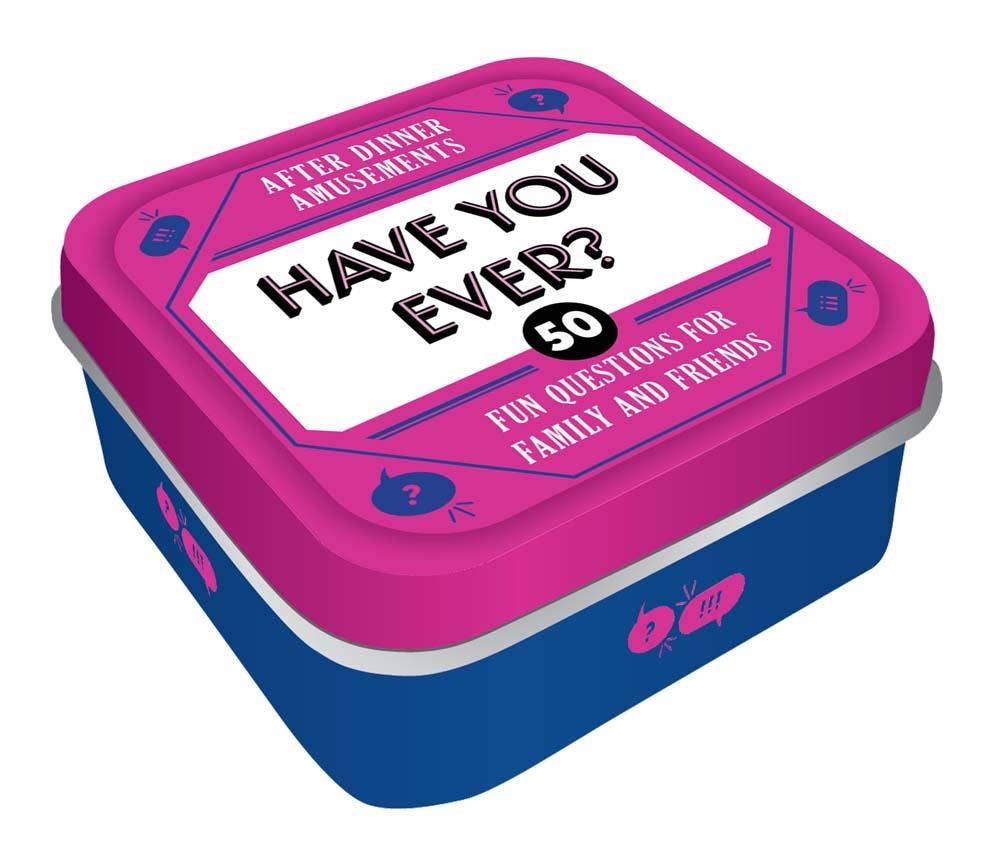 Pink and blue container with 'Have You Ever?' question game on a white background