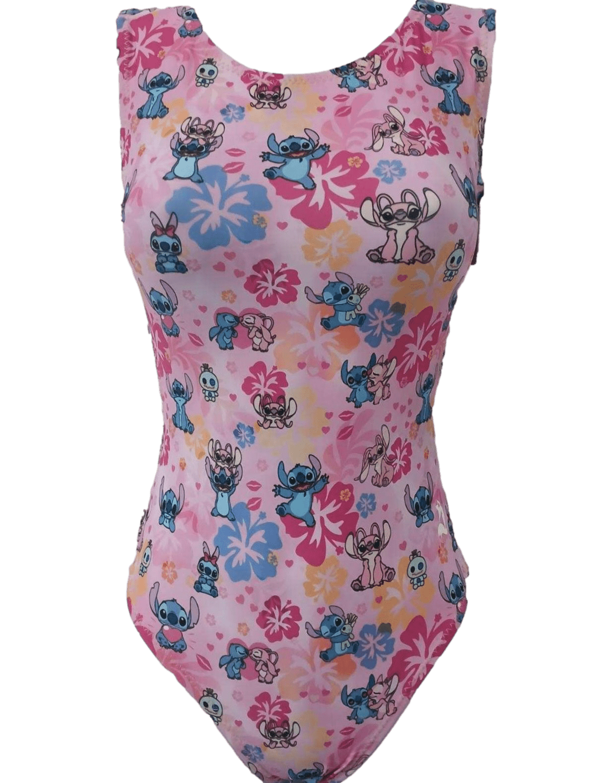 pink leotard with hibiscus flowers and lilo and stitch inspired design