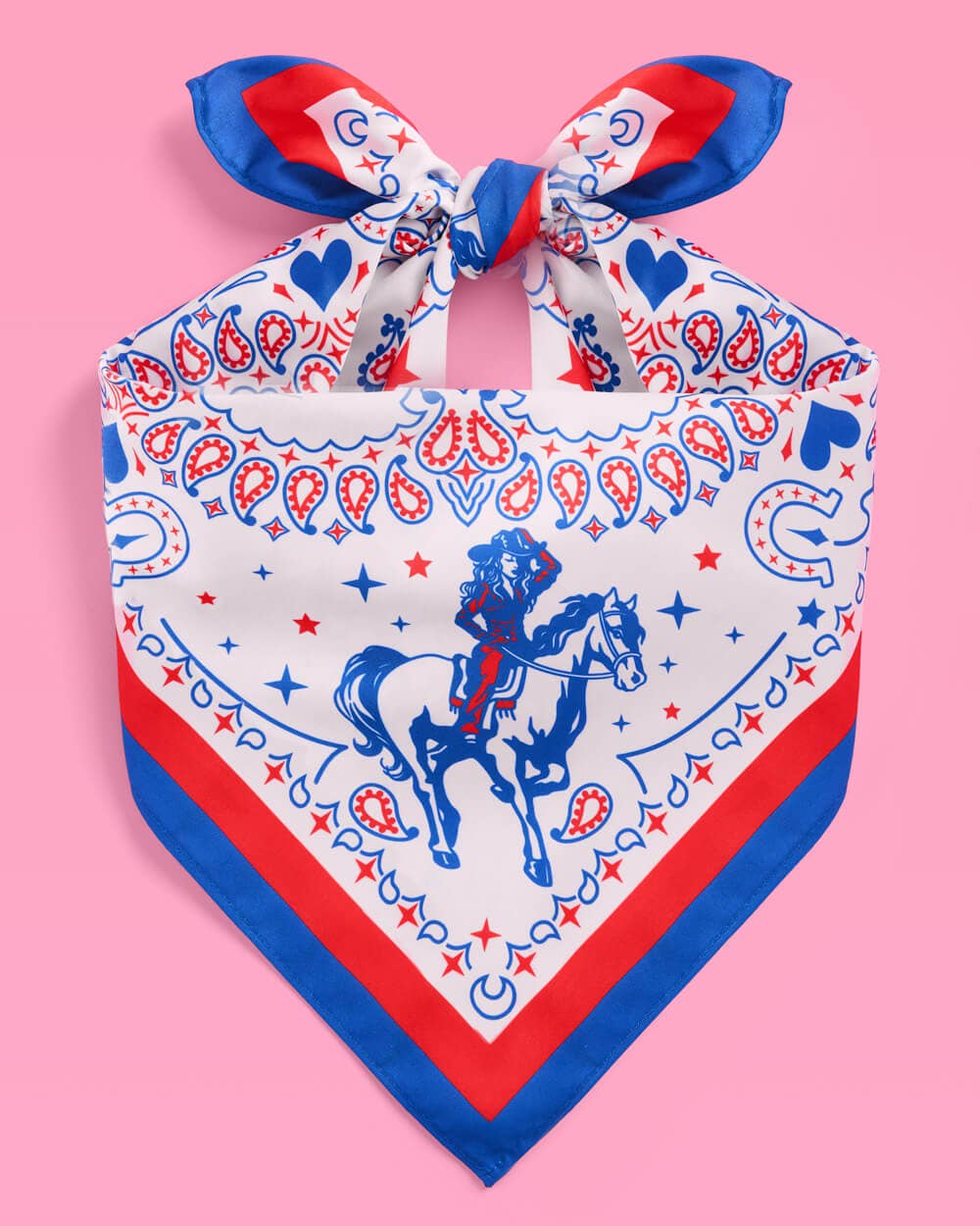 red white and blue Bandana with horse design on a pink background