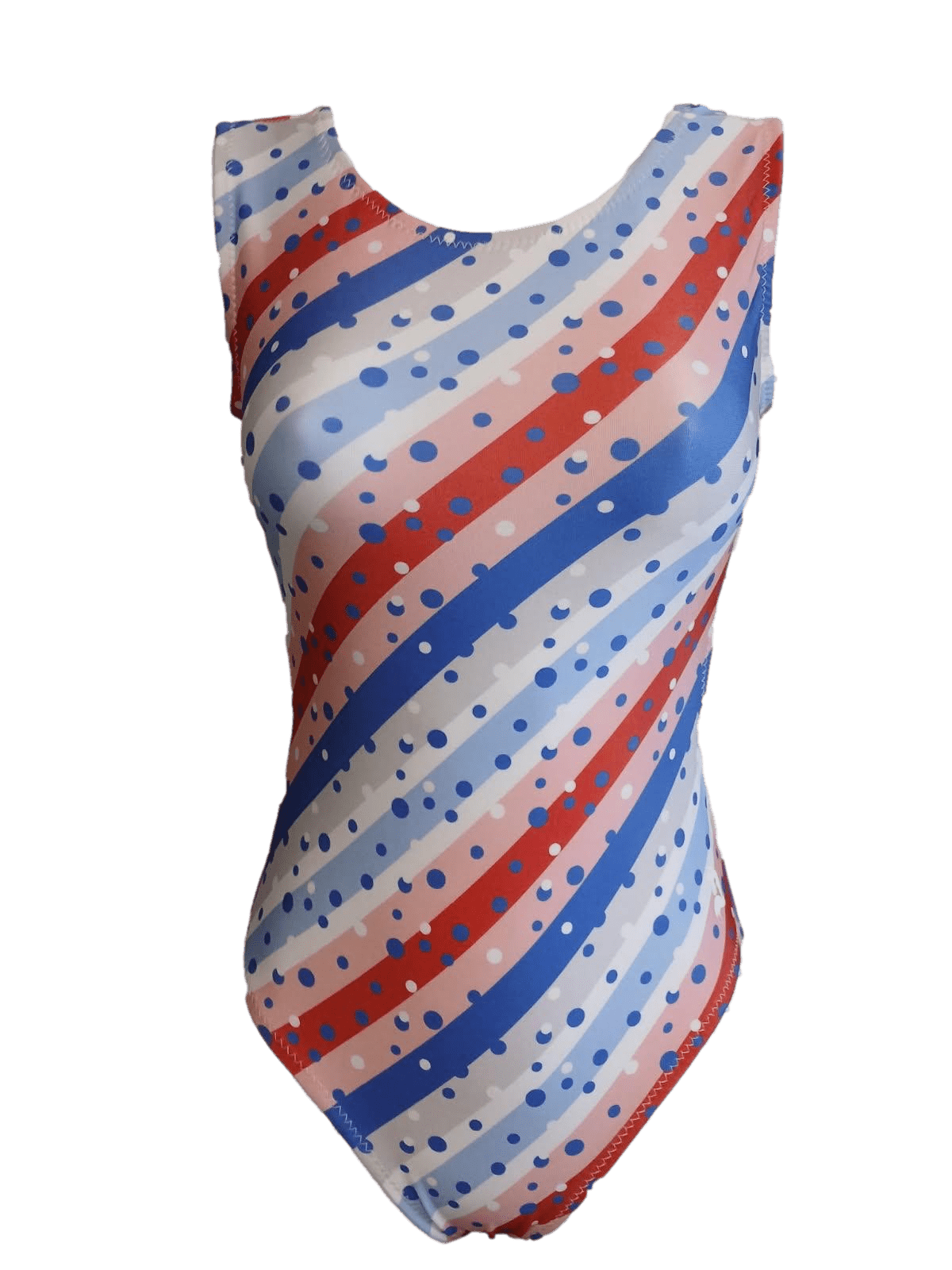 red, blue, and white patterned gymnastics leotard for girls by Foxy's Leotards on a green background