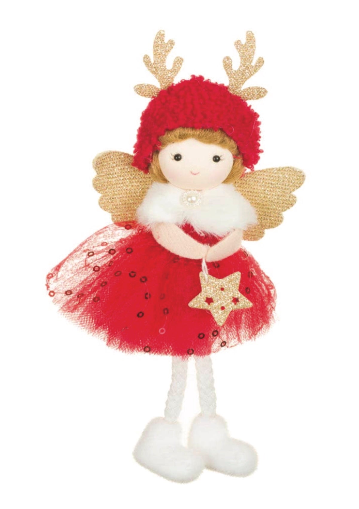 Red/Gold Cherub Girl Doll With Reindeer Hat - Foxy’s