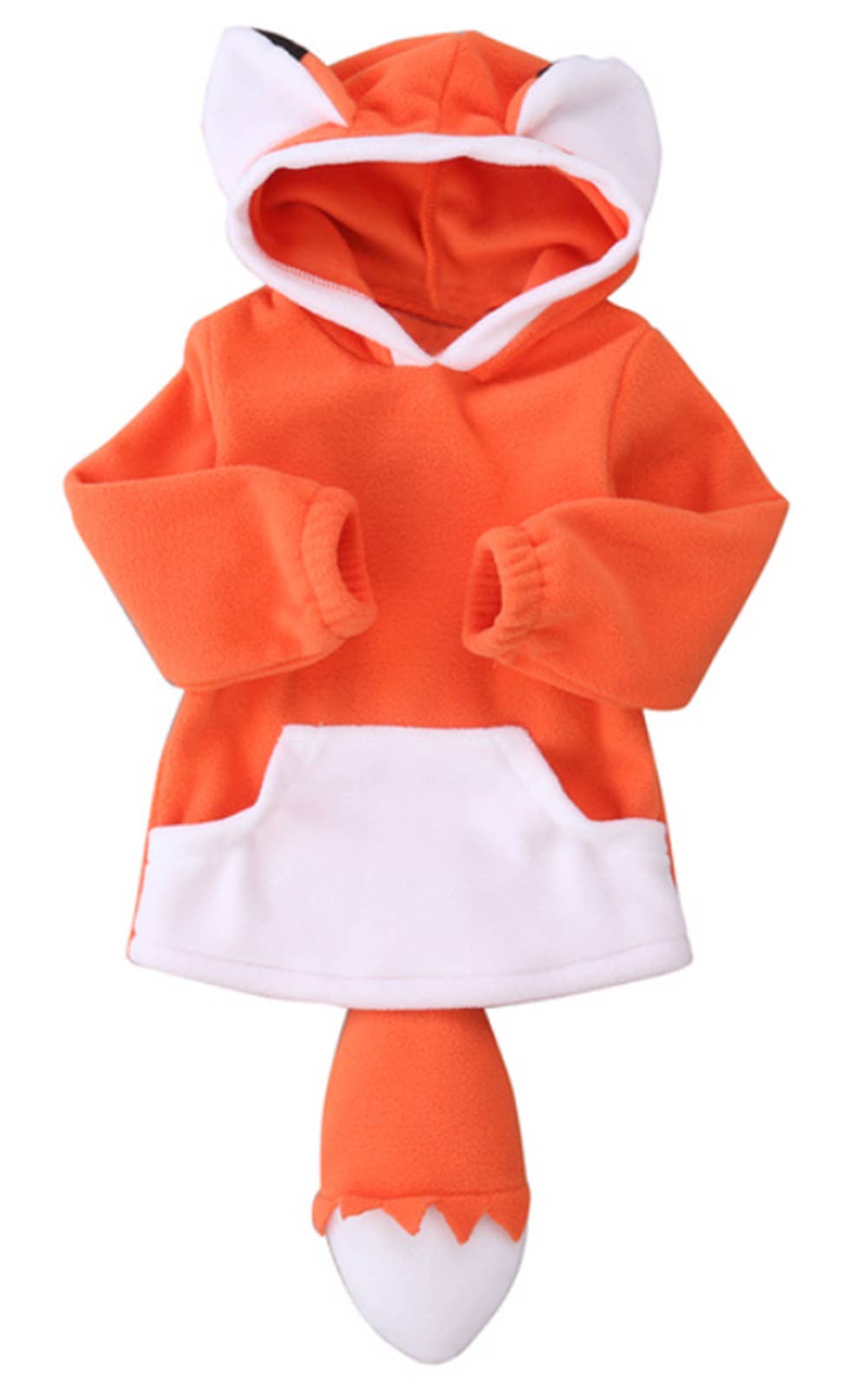 Orange and white fox-themed hoodie with tail on a white background