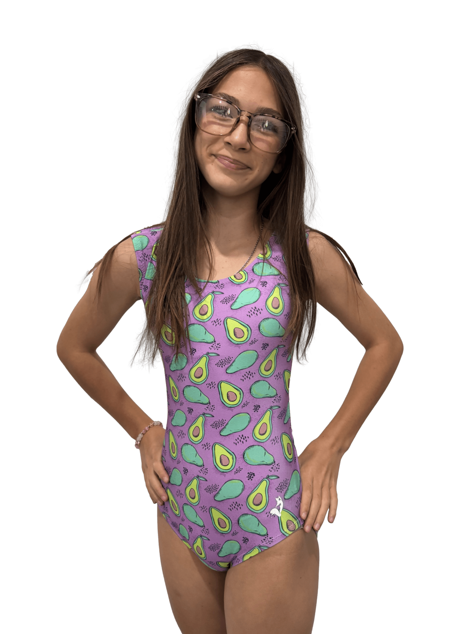 Person wearing a purple leotard for girls gymnastics with avocado pattern on a transparent background