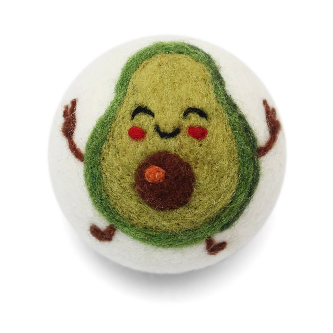 Felted avocado dryer ball with a smiling face on a white background
