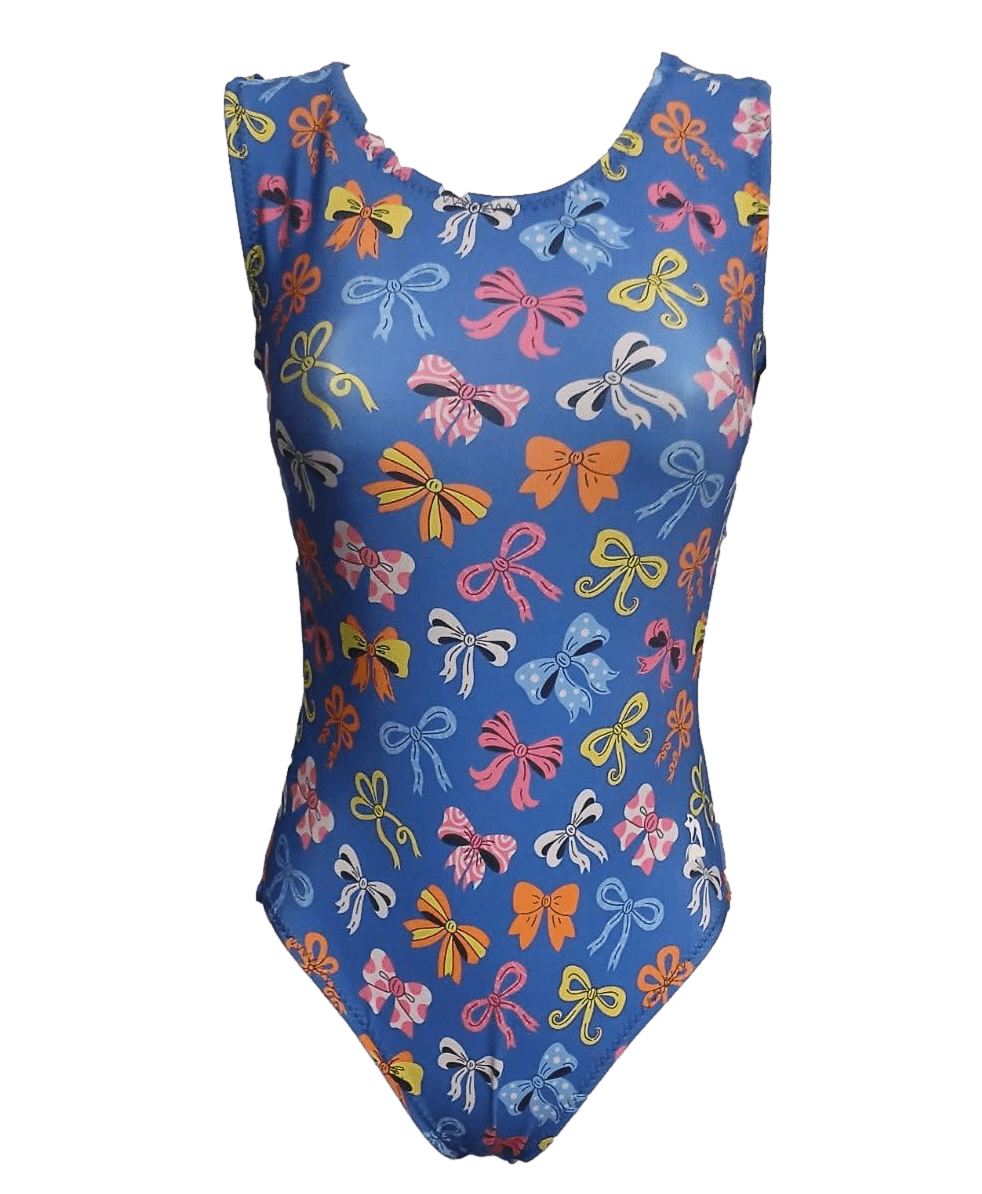 Blue Foxy's leotard for girls with colorful bow pattern on a transparent background