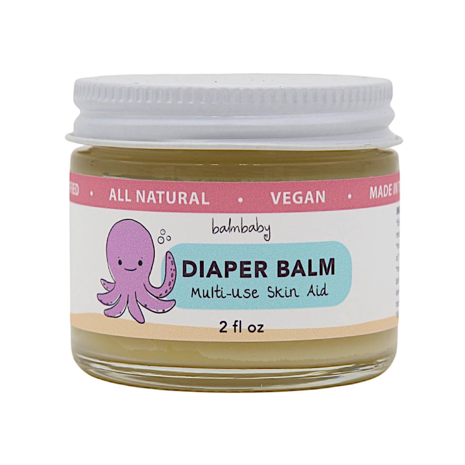 Jar of balmbaby diaper balm with a pink octopus illustration on a white background