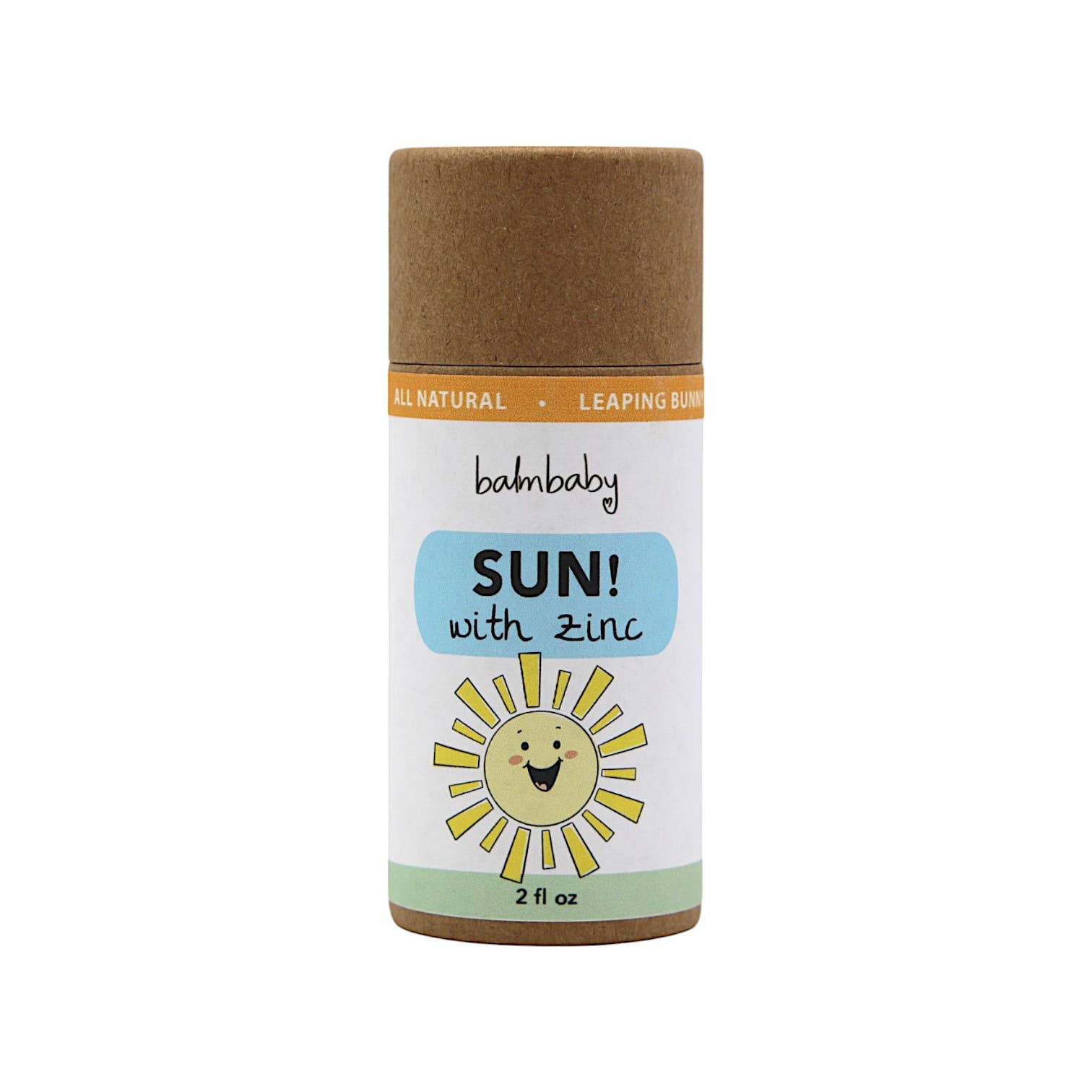 Balm baby sunscreen stick with a brown cap and white label on a white background
