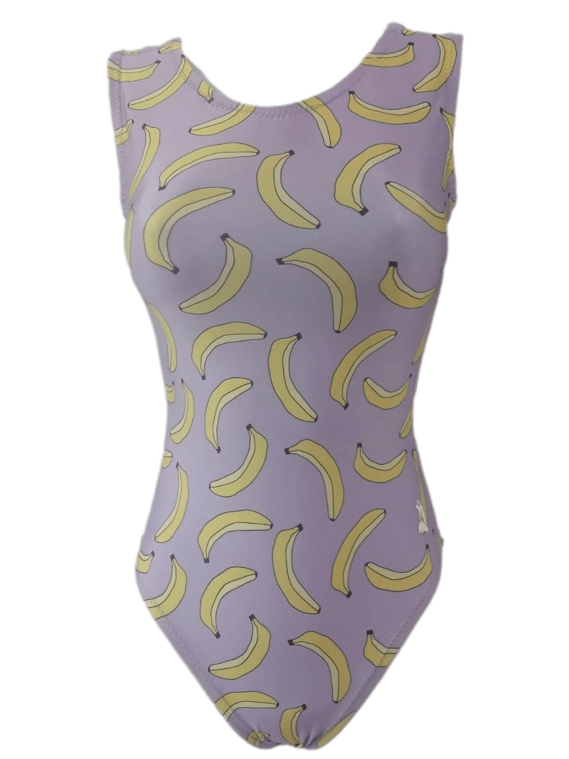 Purple swimsuit with yellow banana pattern on a white background
