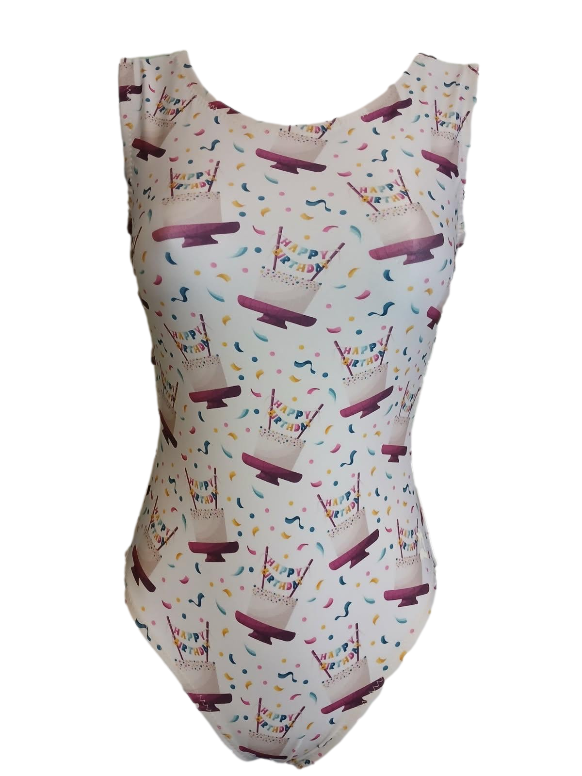white leotard with birthday cakes 