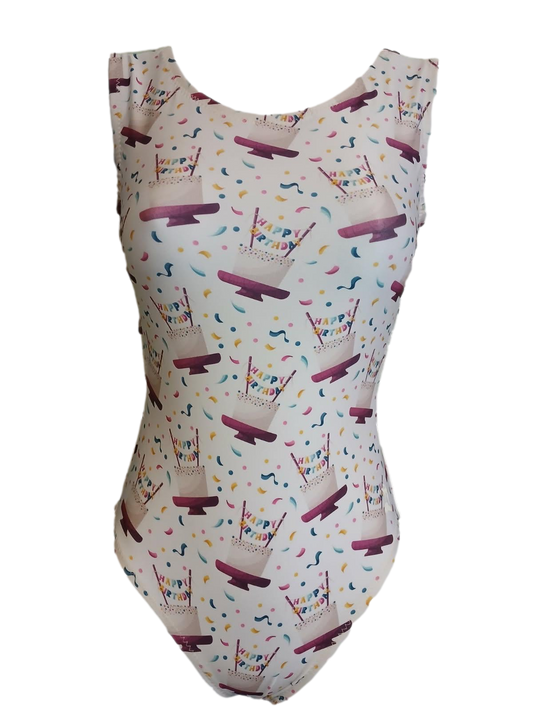 white leotard with birthday cakes 