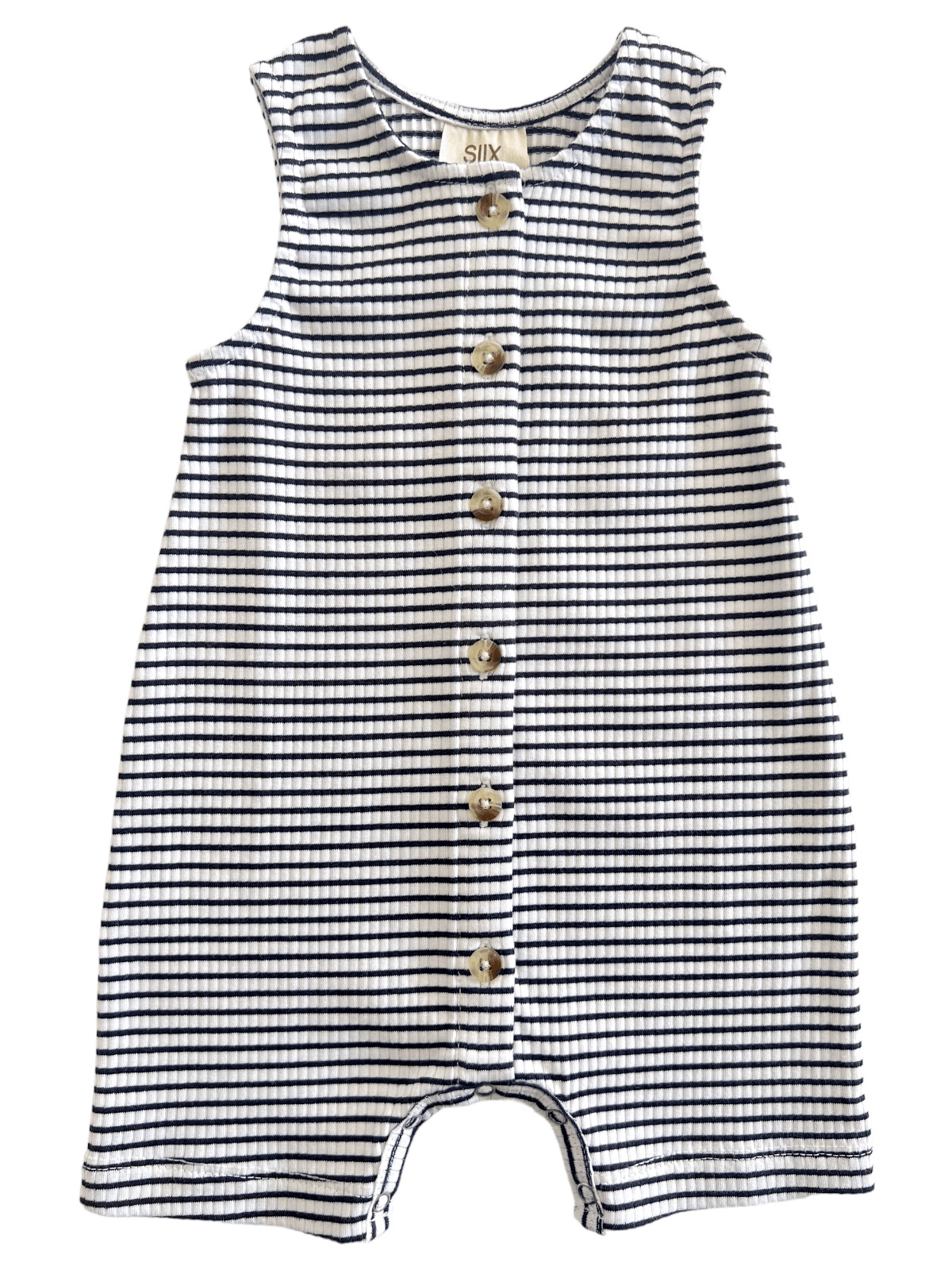 Striped romper with button details on a white background