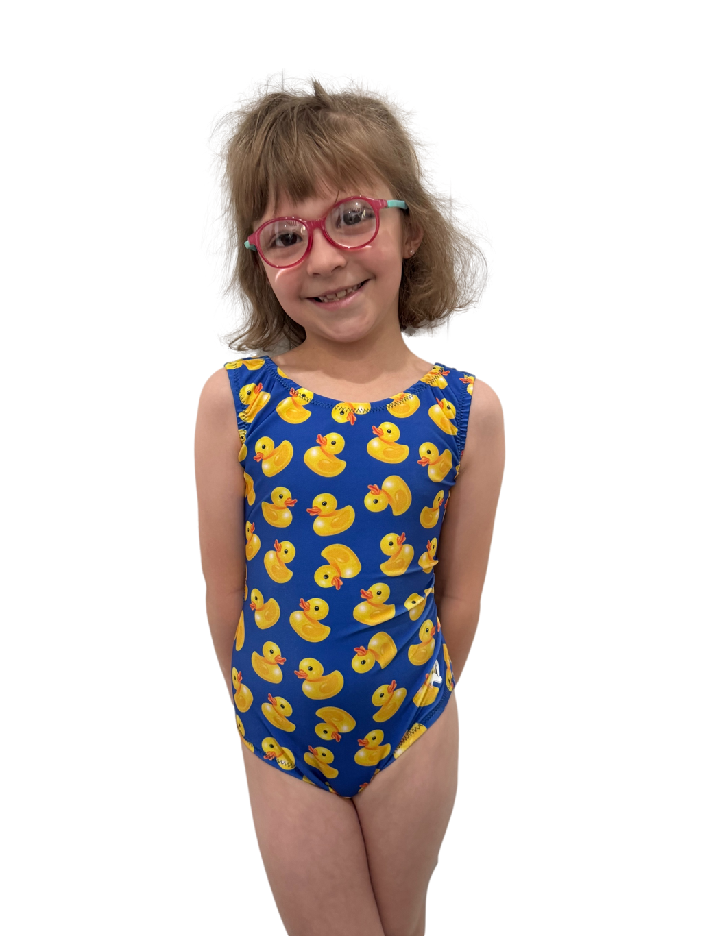 rubber ducky leotard on blue background