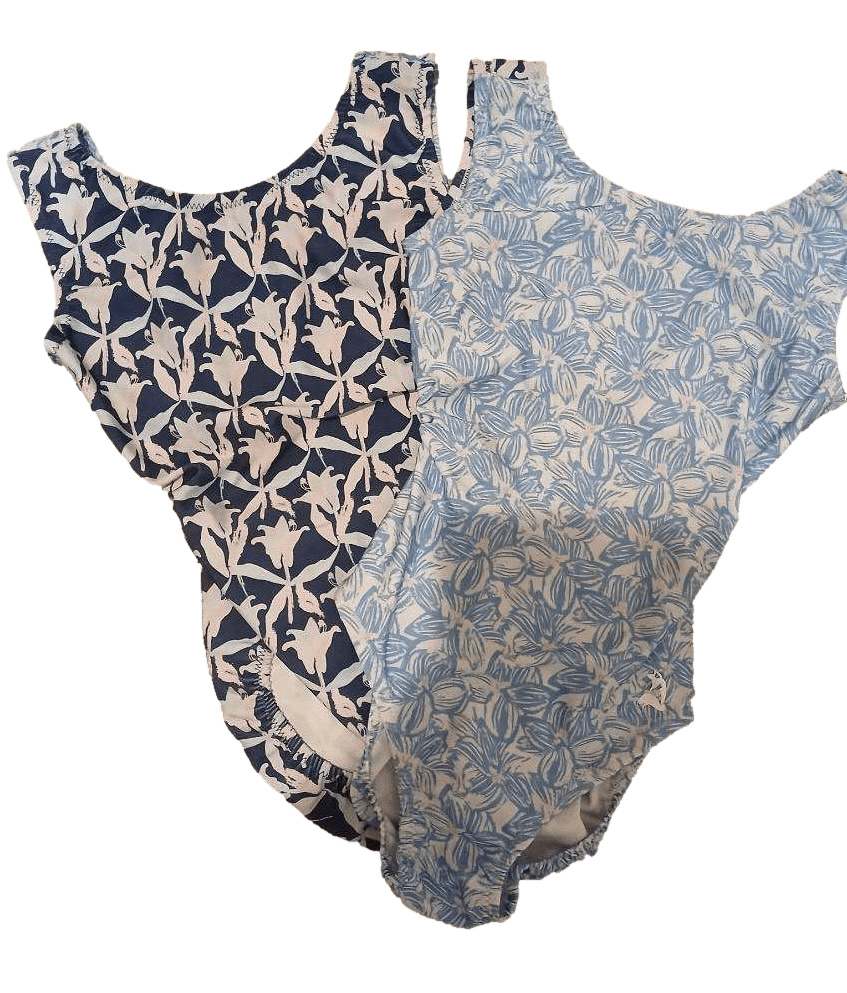 Two floral-patterned foxy leotards on a transparent background