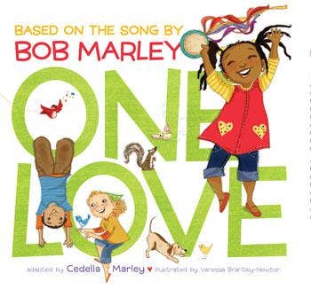 Bob Marley One Love children's book cover. Features diverse children and animals within the letters of 'ONE LOVE'.
