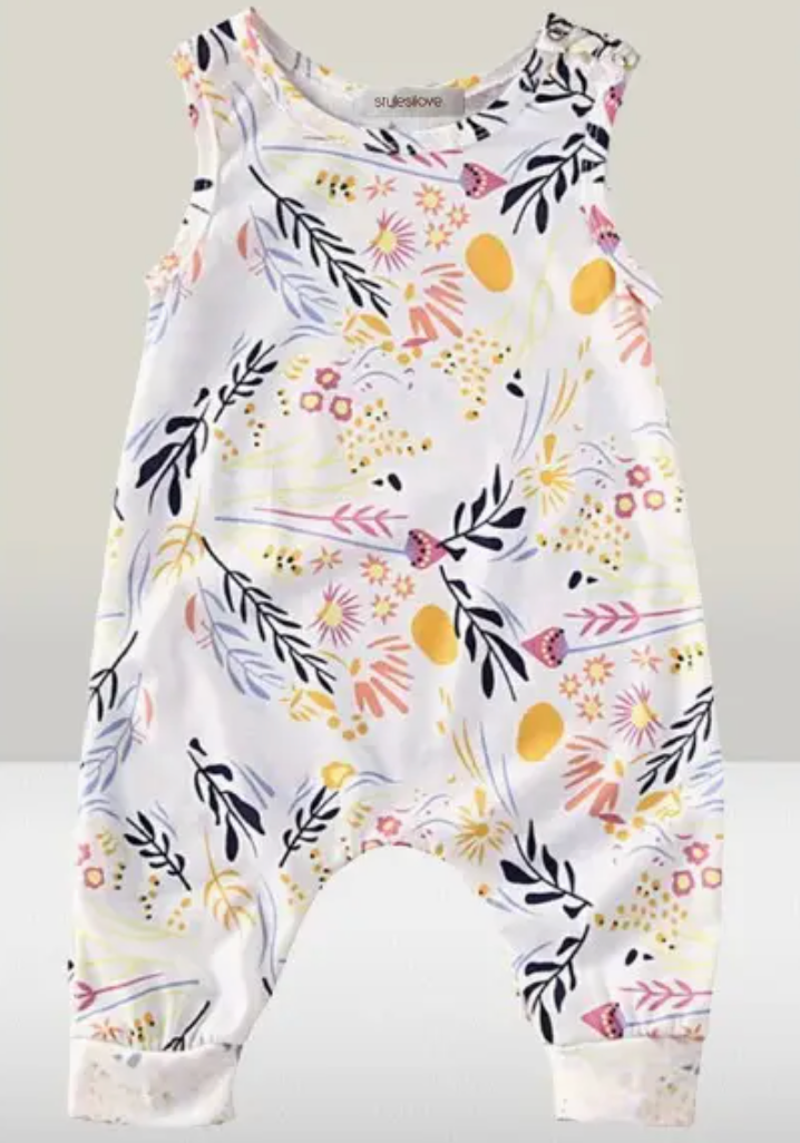 white cotton romper for baby girl with flowers and leafs