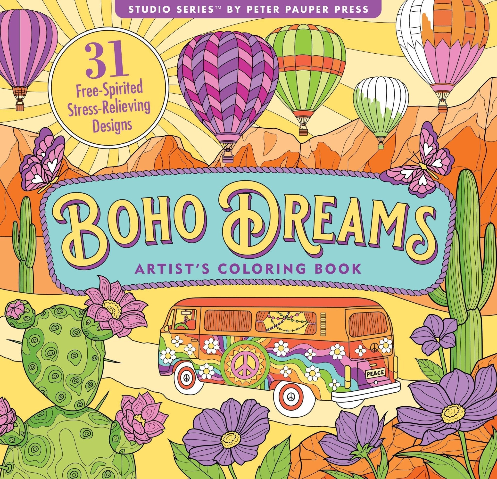 Colorful cover of 'Boho Dreams' coloring book with hot air balloons, cacti, and a van.